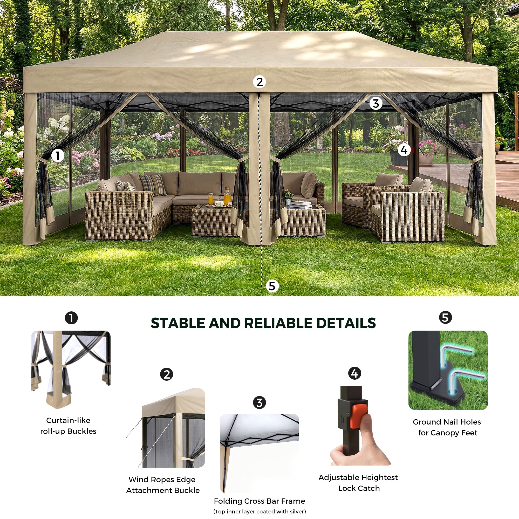 Outdoor gazebo with furniture and garden setup, featuring stable and reliable details.