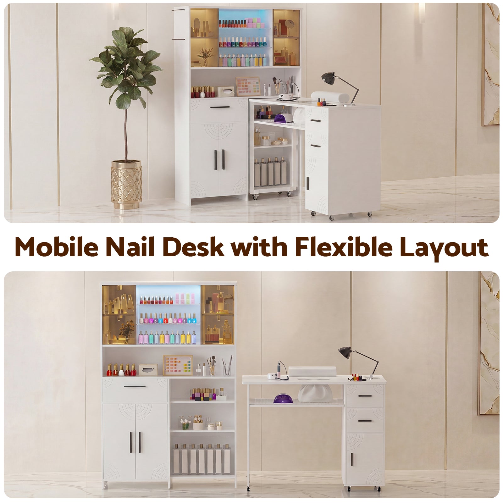 Advwin Nail Table w/ Double Tabletop & 3 Adjustable Shelves