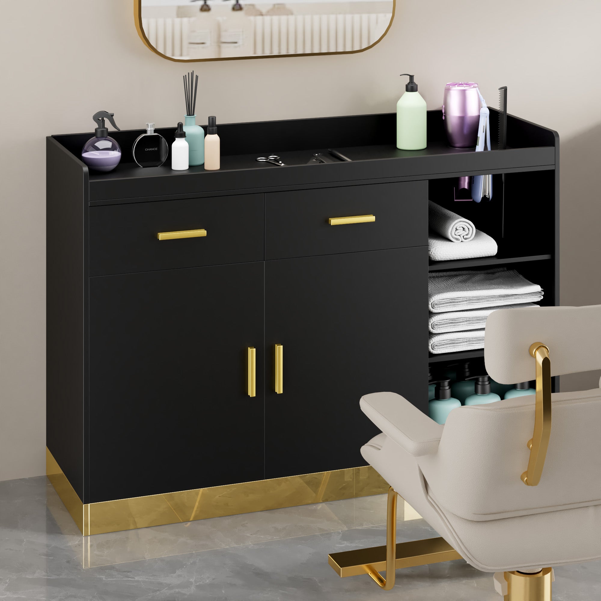 Black salon counter with gold accents and a chair in a salon setting.