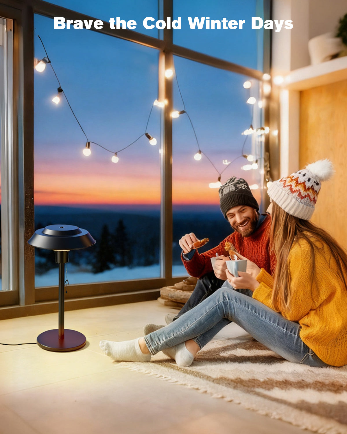 Two people sitting by a window with string lights, enjoying a warm drink together.