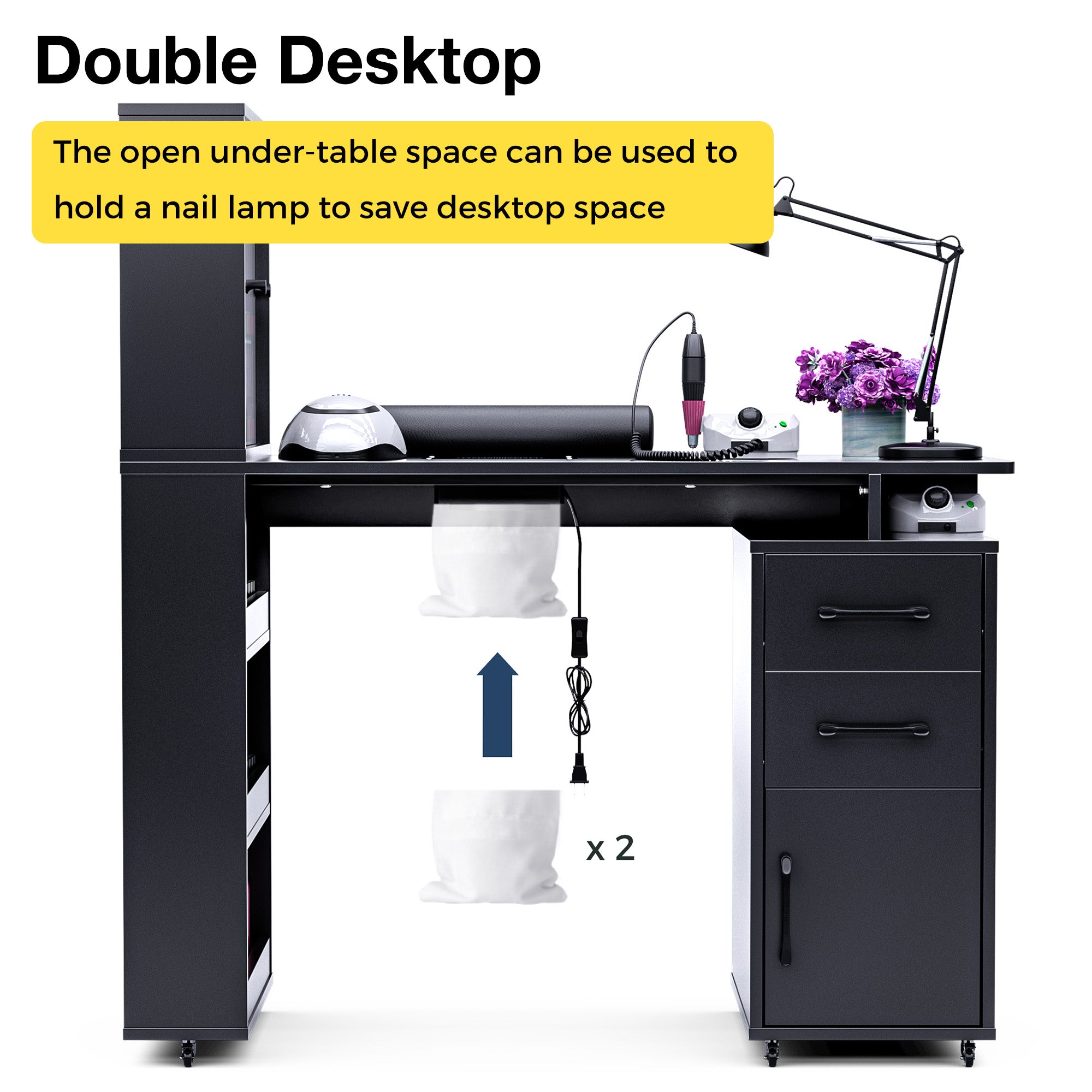 Advwin Nail Table with Glass Door Cabinets & Wheels