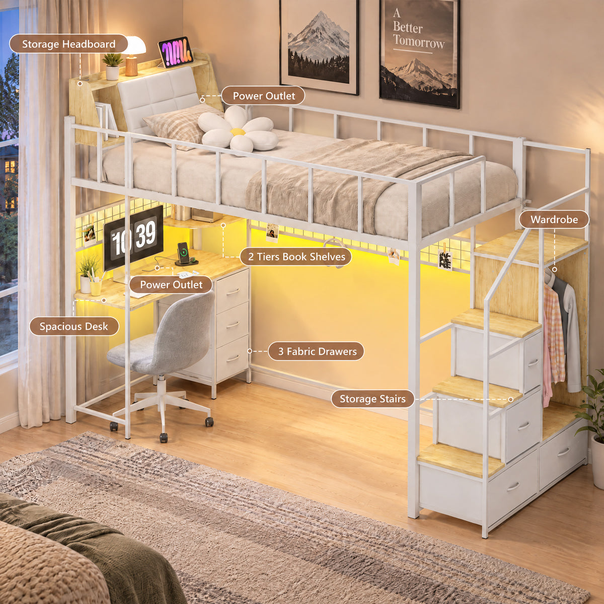 Advwin Loft Bed with Storage Headboard & Power Outlets
