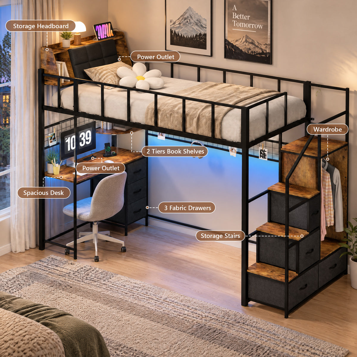 Advwin Loft Bed with Storage Headboard & Power Outlets
