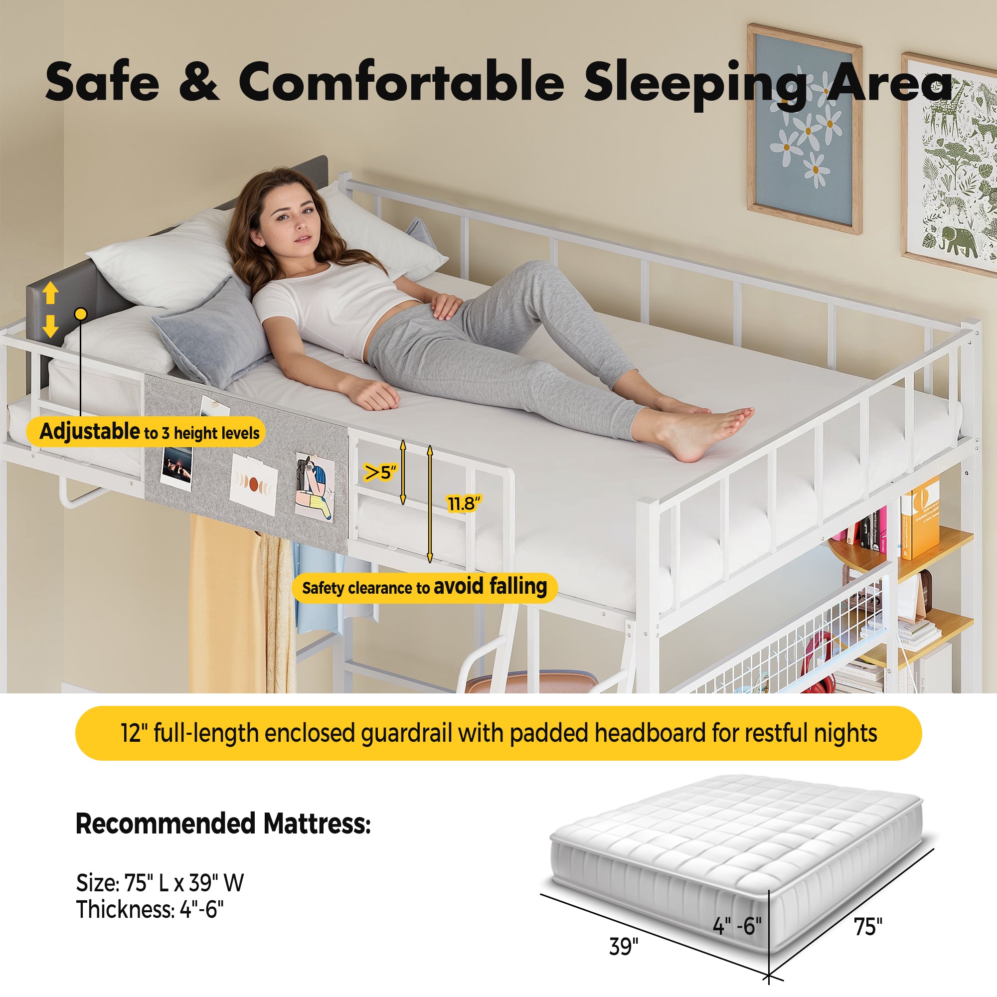 Bunk bed with safety features and dimensions labeled, including a woman lying on the top bunk.