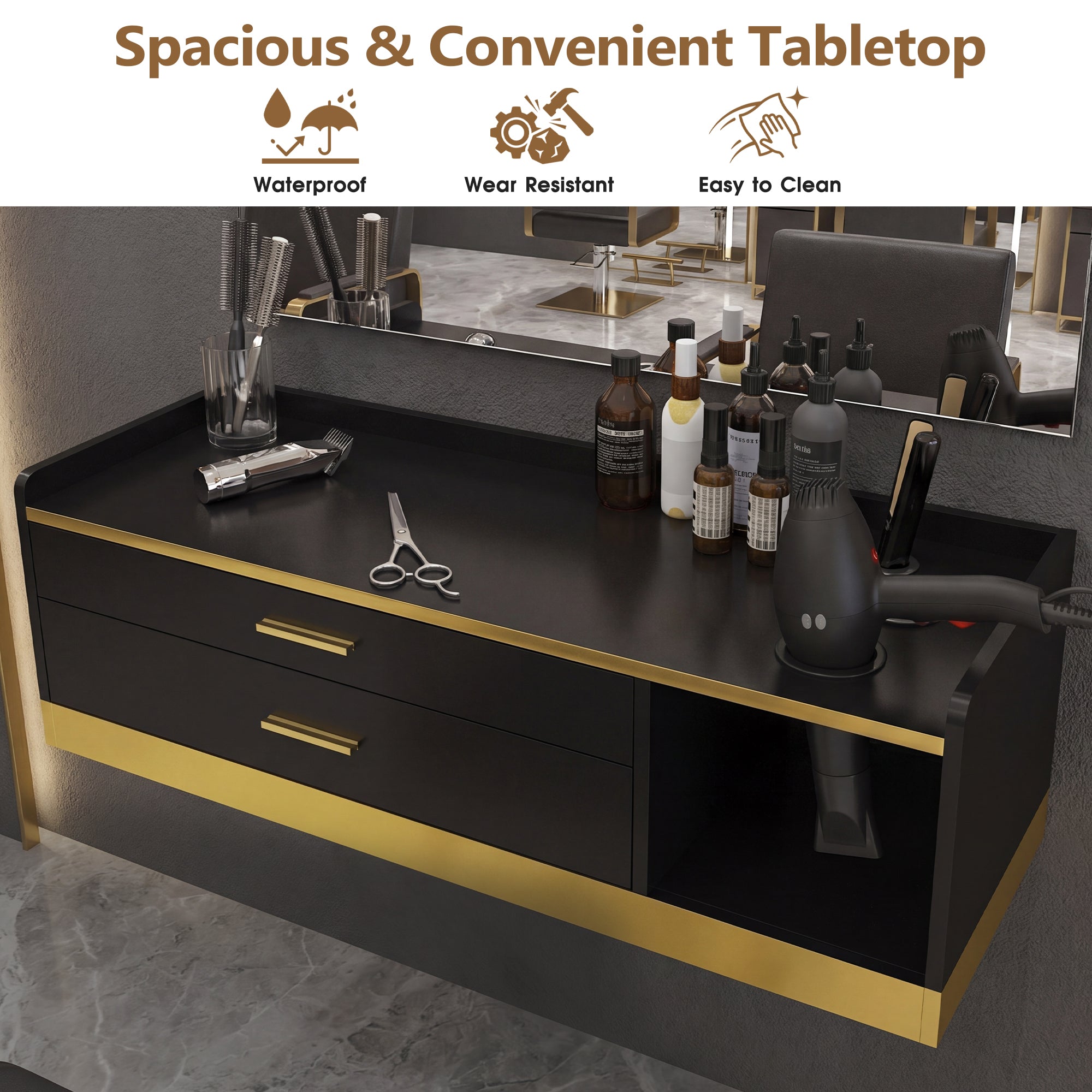Advwin Wall Mount Barber Desk w/ Gold Accent