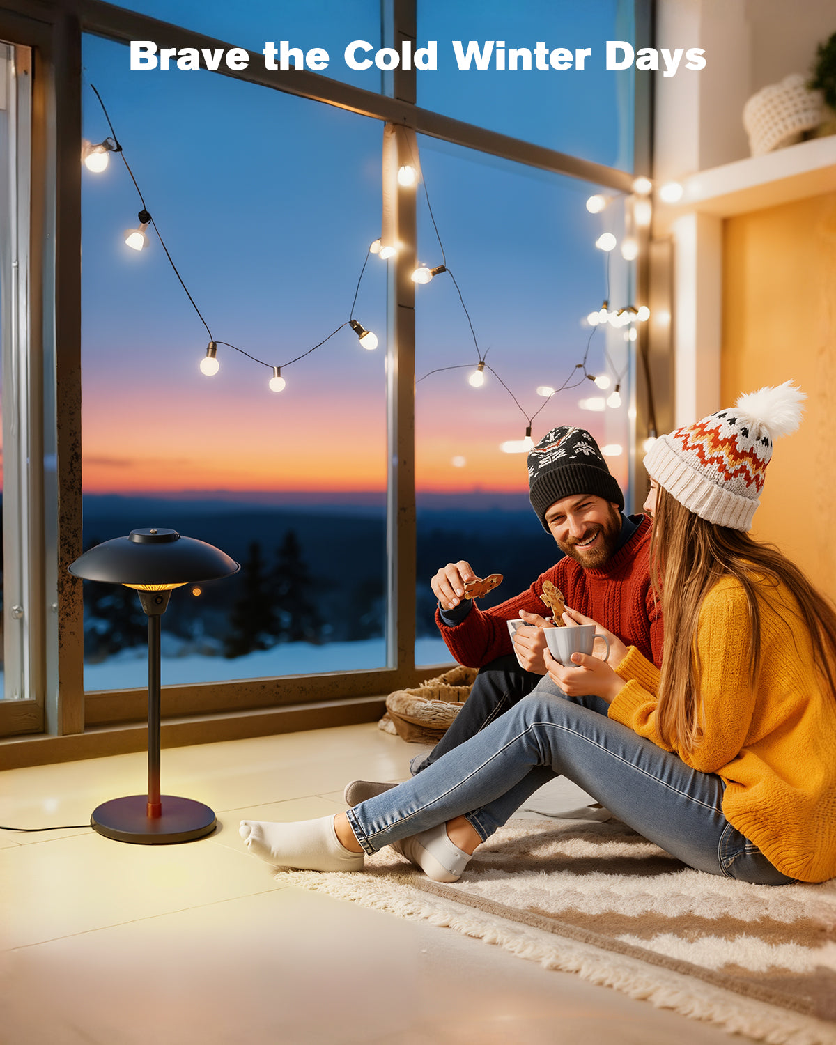 Two people sitting on a rug in a room with a large window, enjoying a warm drink together.