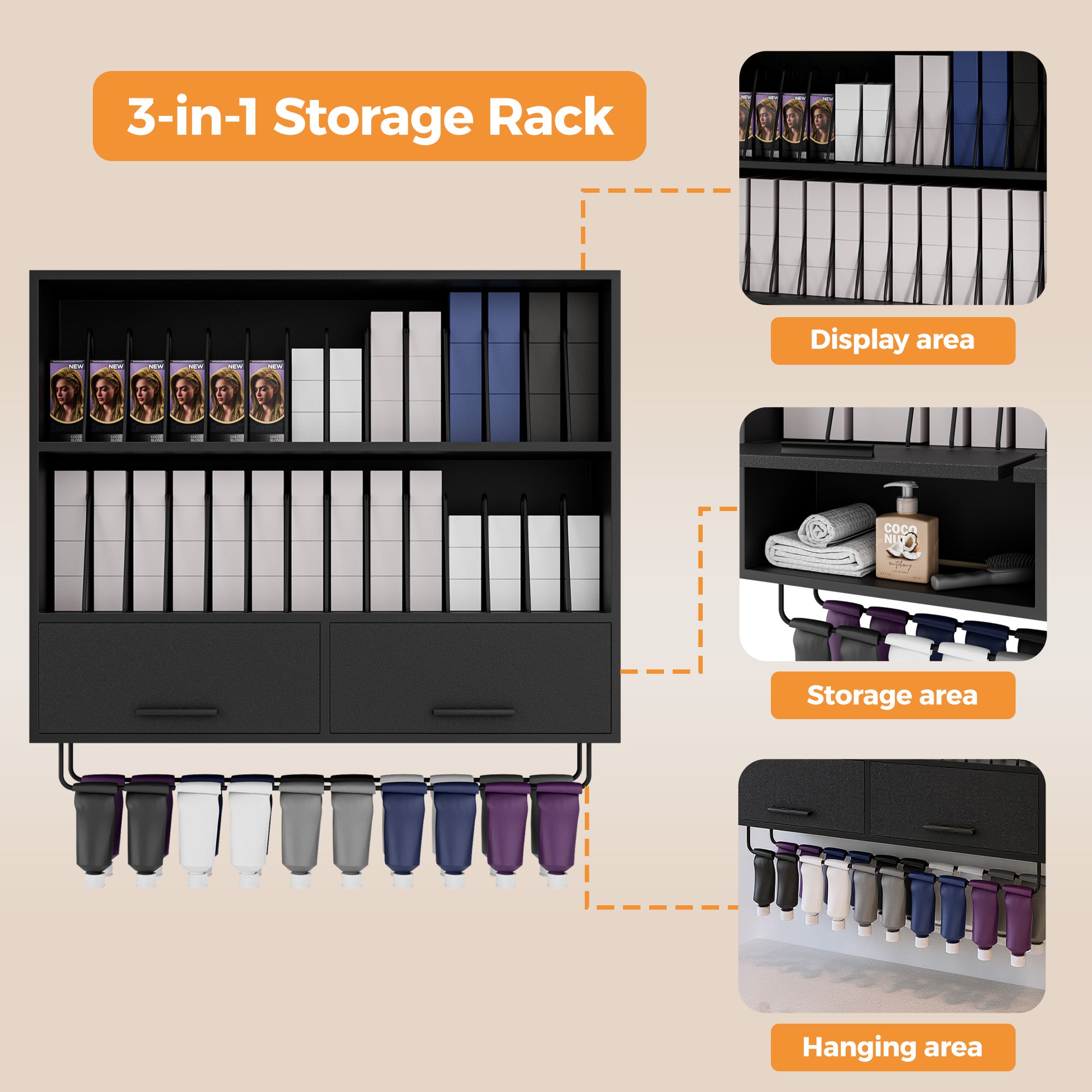 3-in-1 storage rack with display, storage, and hanging areas on a beige background.
