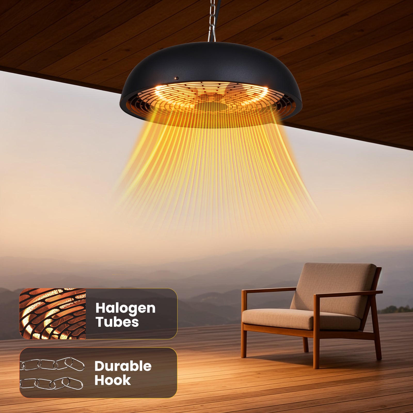 Ceiling-mounted light fixture with halogen tubes and durable hook features in a room with a chair.