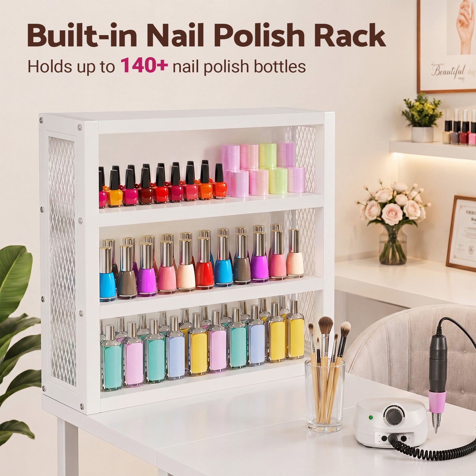 Advwin Double Tabletop Nail Desk w/ 3-Tier Storage Rack