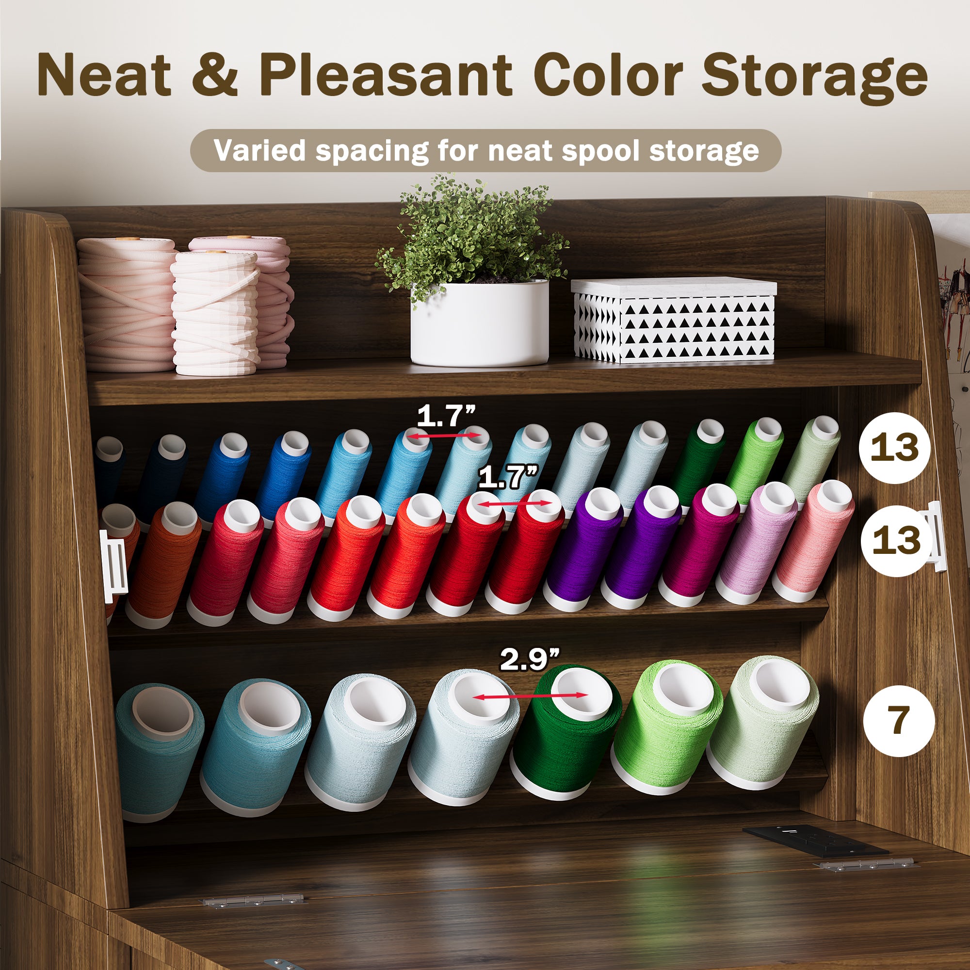 Wooden thread storage rack with colorful spools of thread and measurements on shelves.