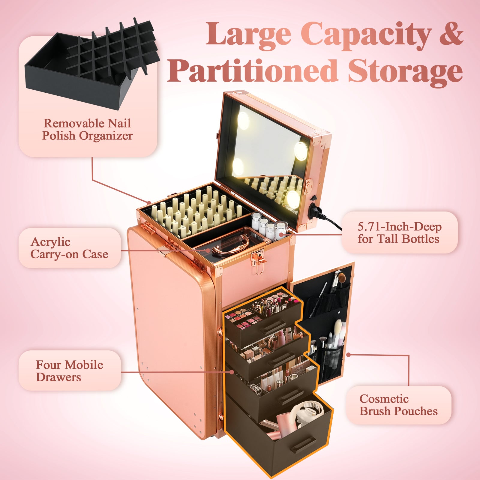 Advwin Foldable Manicure Table LED Mirror 4 Drawers