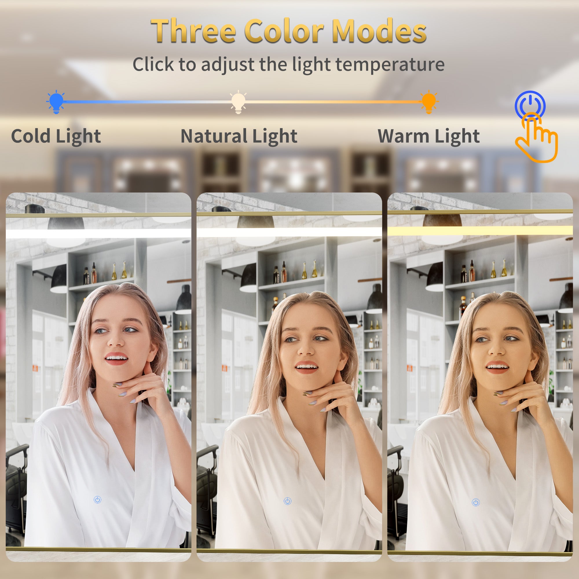 Three different light modes displayed on a screen with a person in the background.