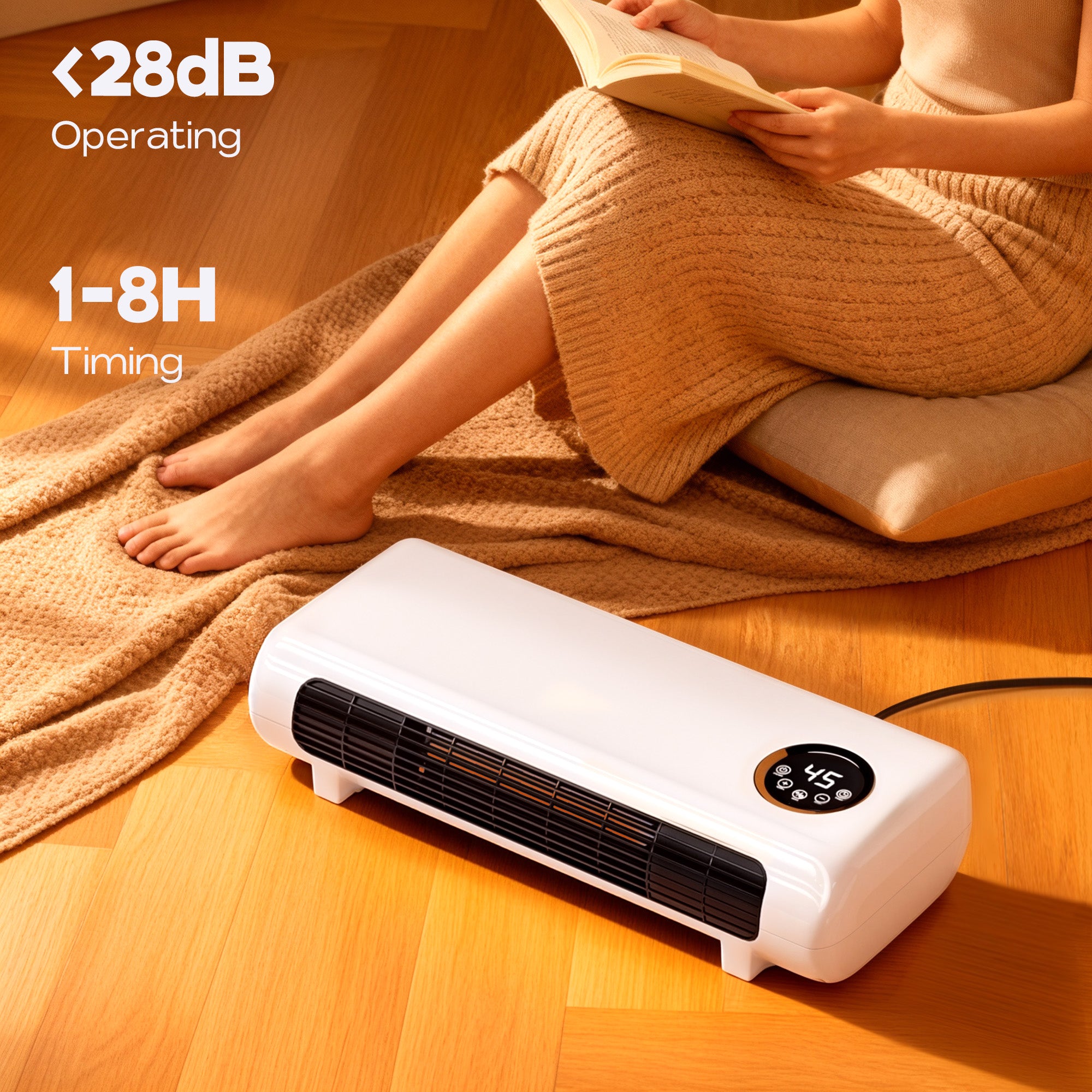 Person reading a book with a white space heater on a wooden floor, featuring 28dB branding.