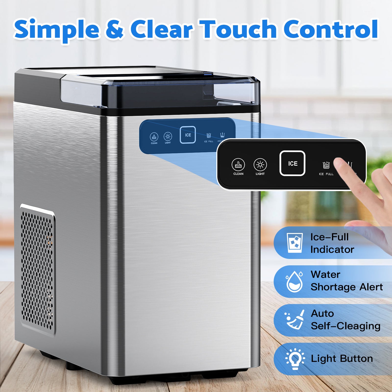 Ice maker with touch control panel on a wooden surface