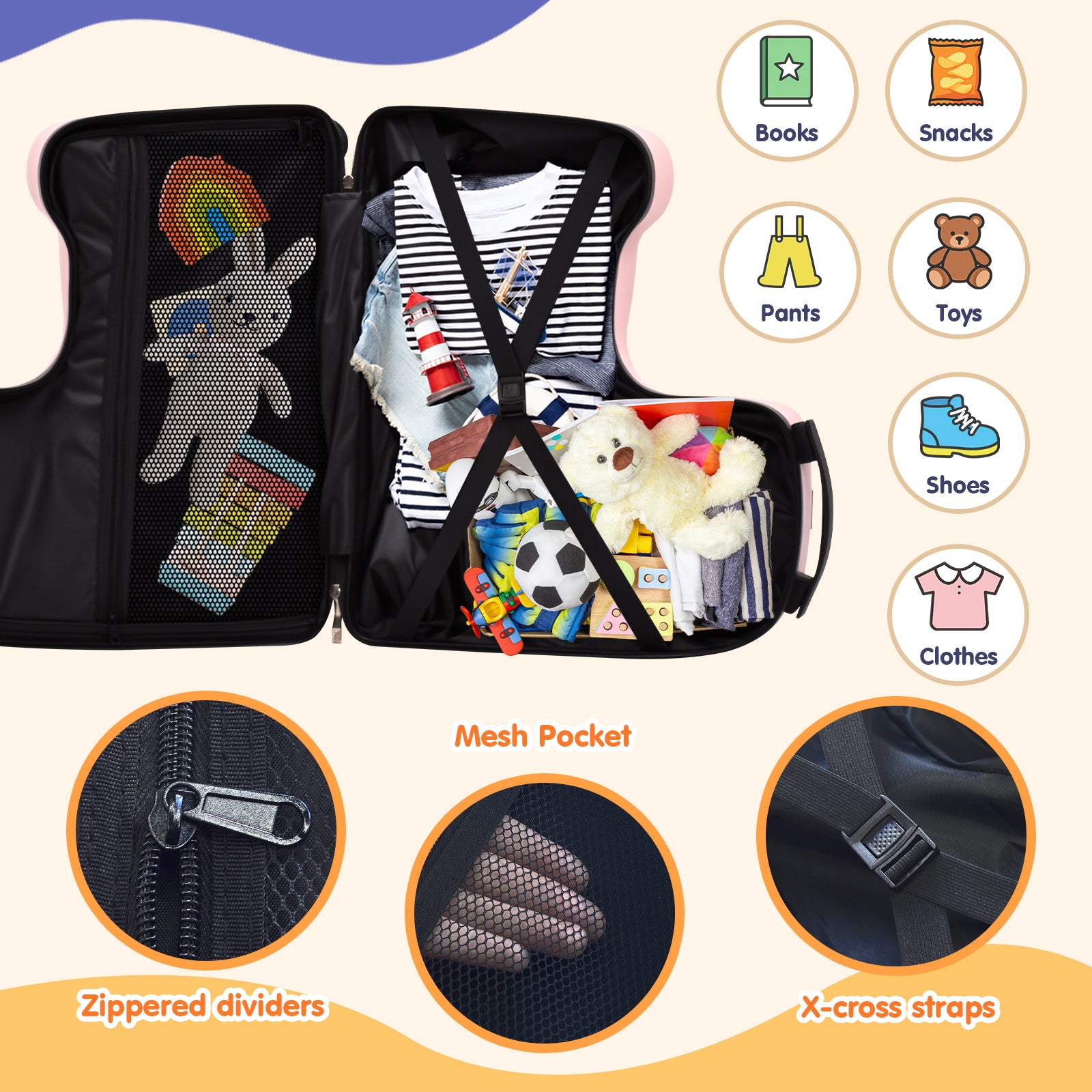 Black travel organizer with various compartments and features highlighted on a beige background.