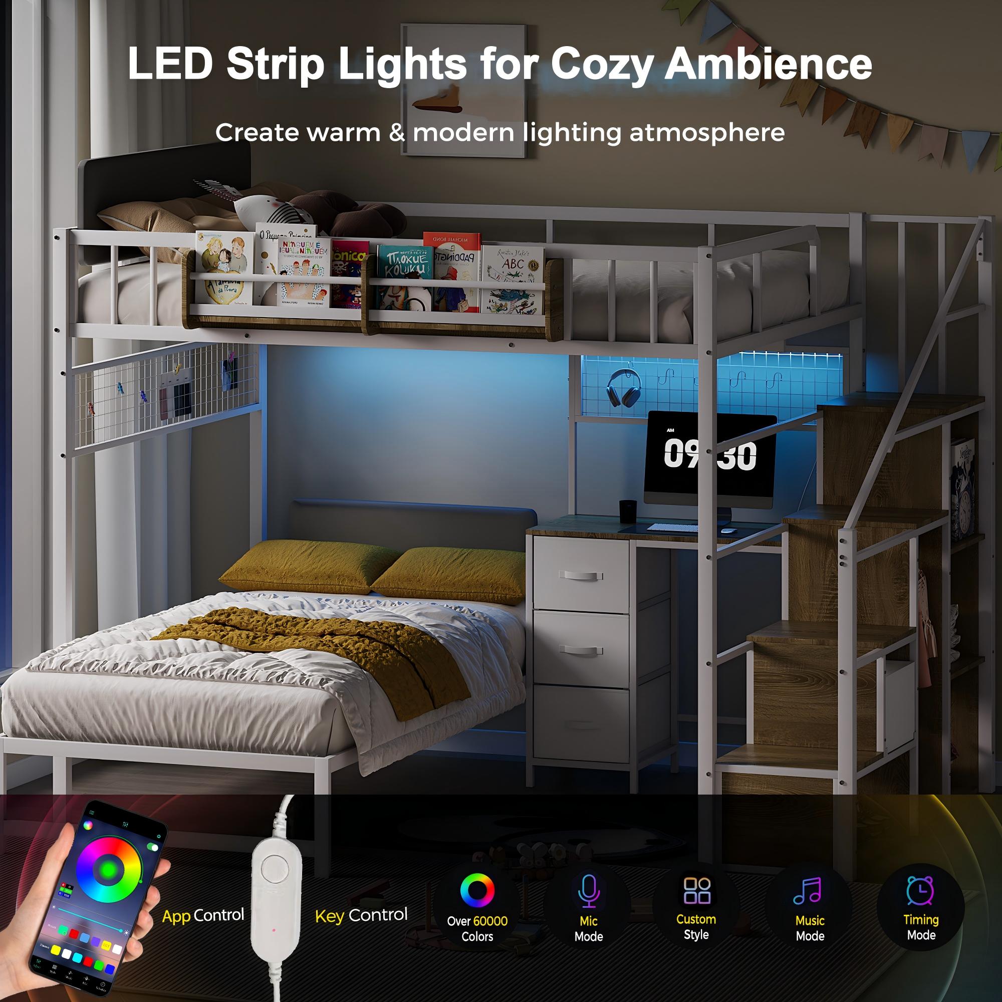 Bedroom with LED strip lights and smartphone control, promoting cozy ambiance.