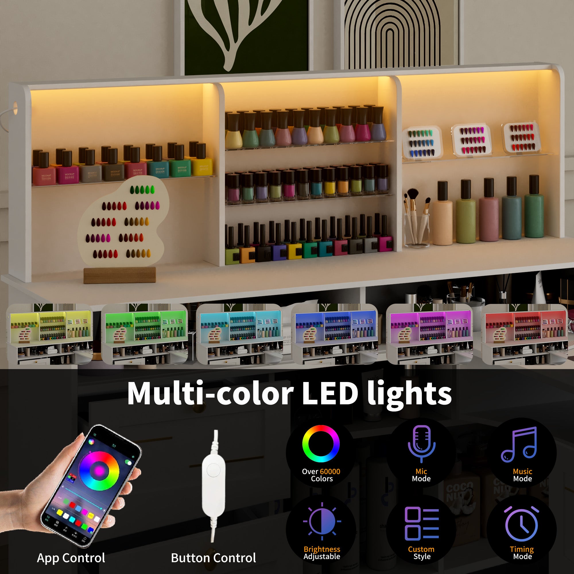 Nail polish display with multi-color LED lights and app control feature.