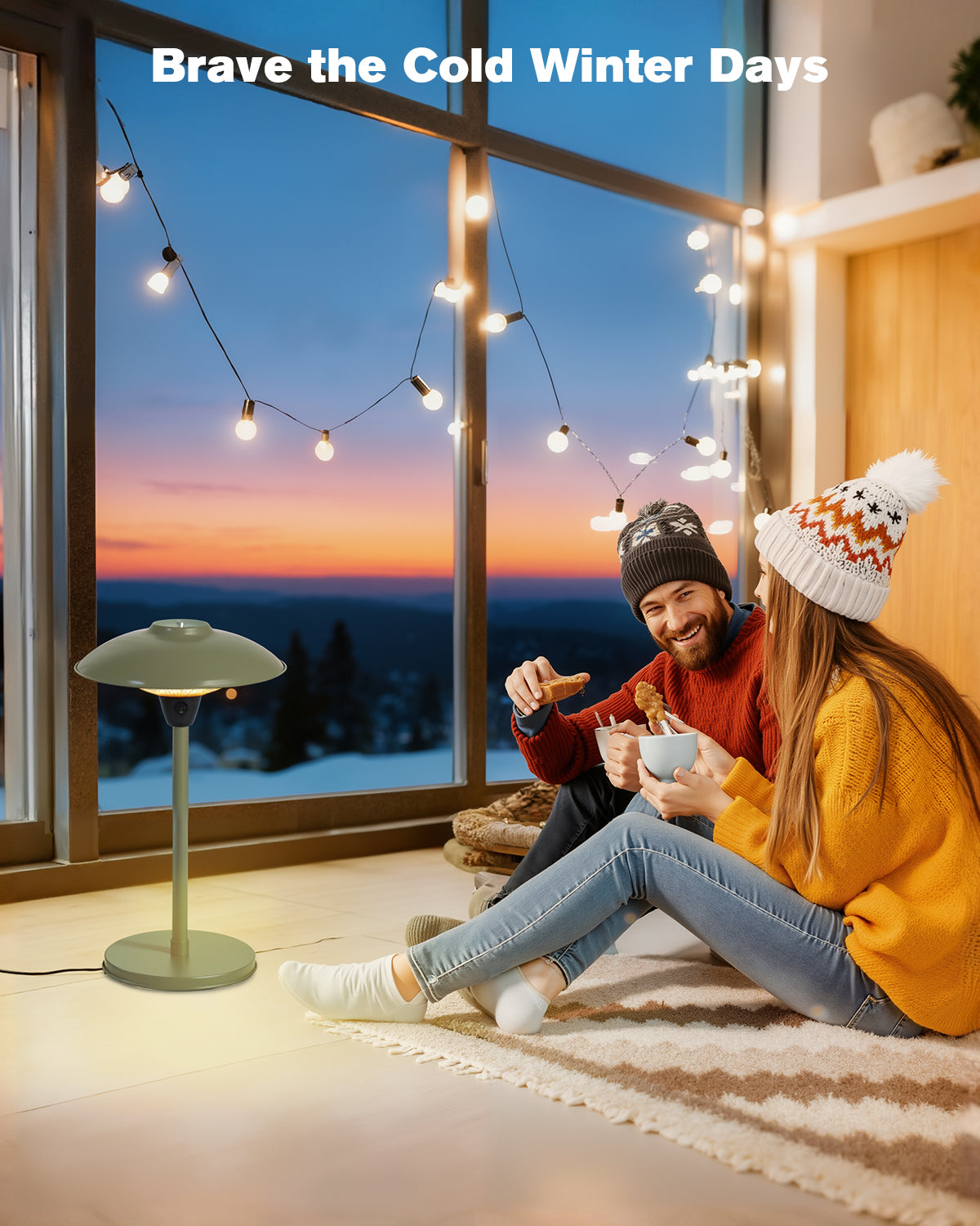 Two people sitting by a large window with a view of a snowy landscape, enjoying hot drinks and using a portable lamp.