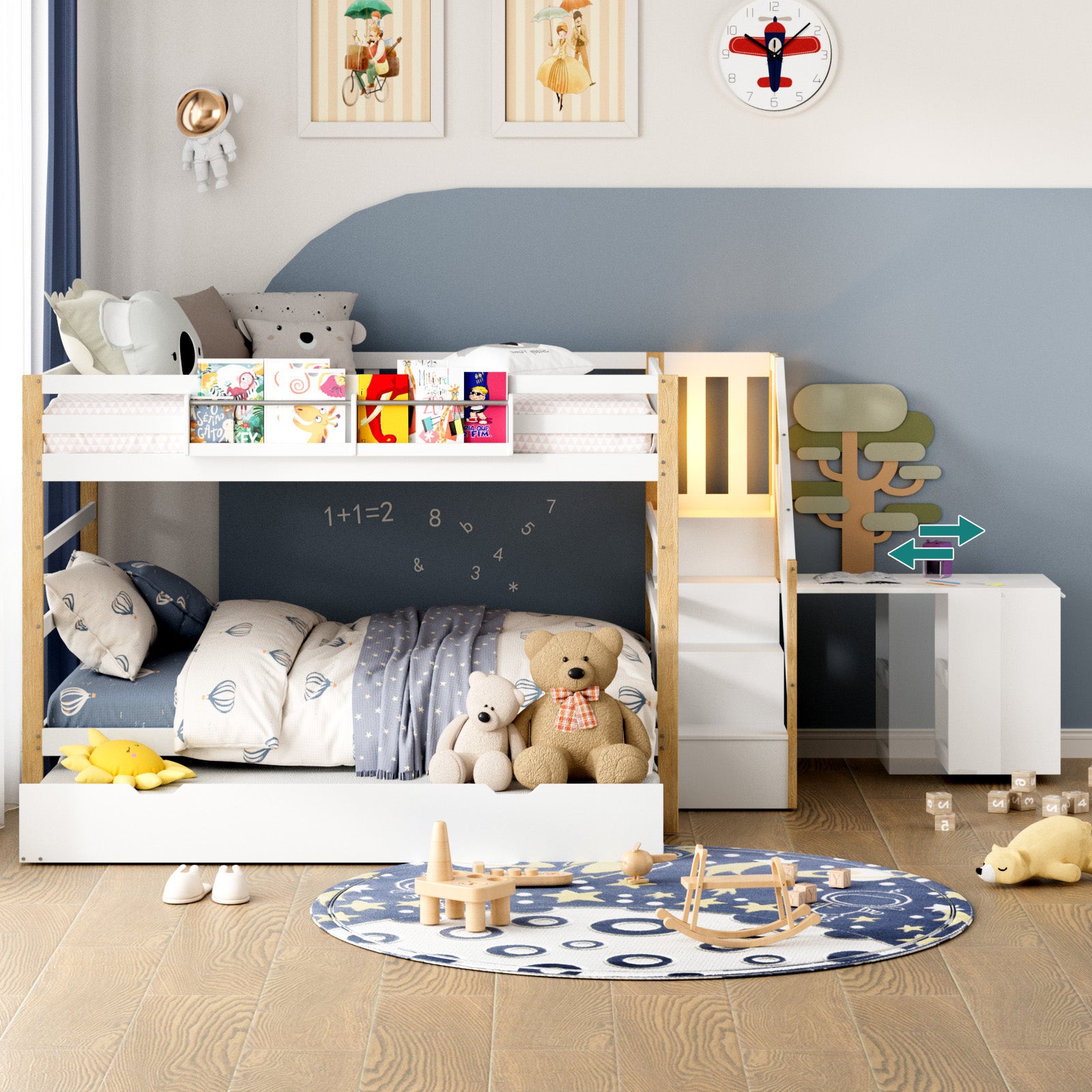 Children's bedroom with a bunk bed, toys, and decorative elements.