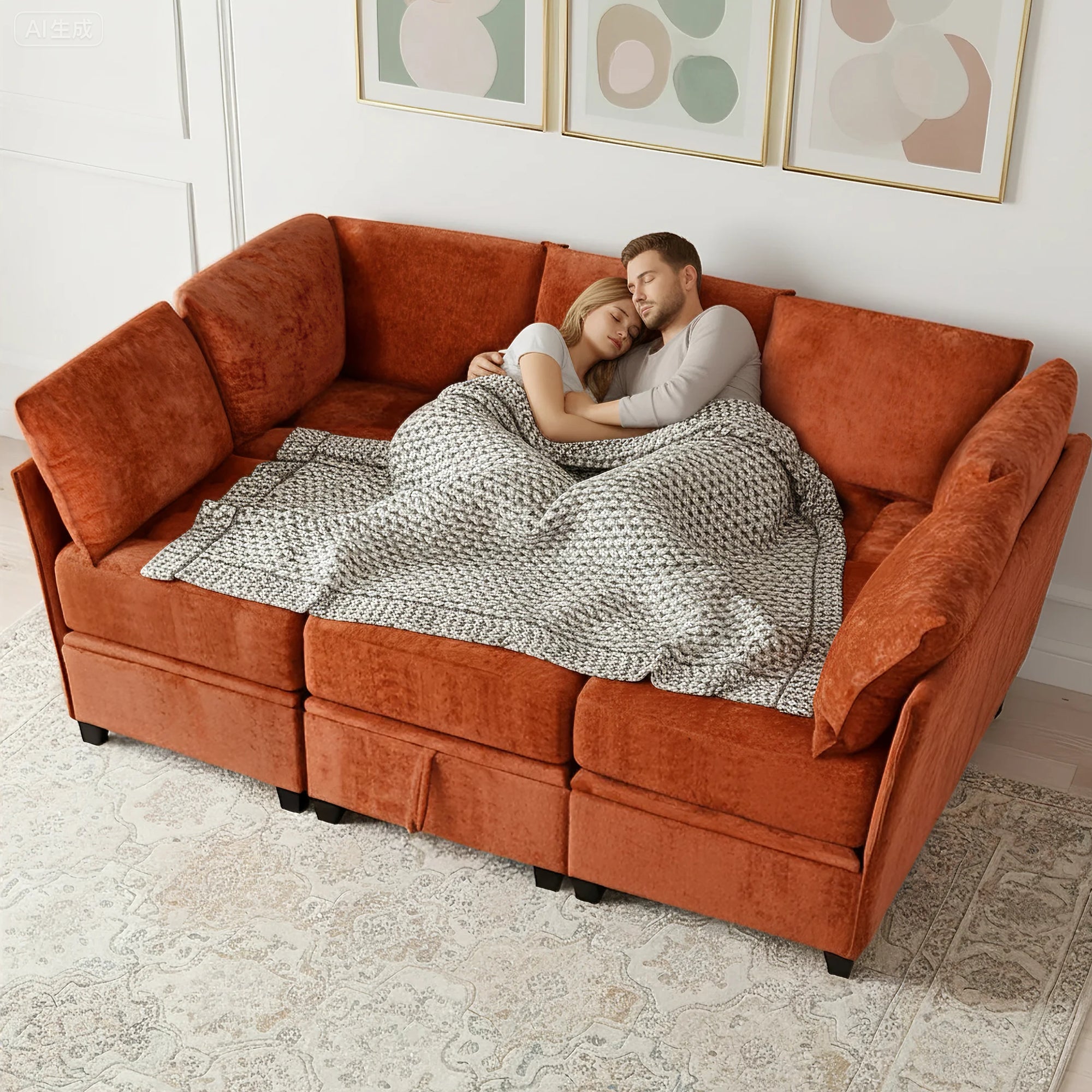 Couple hugging under a blanket on an orange sectional sofa in a cozy living room.