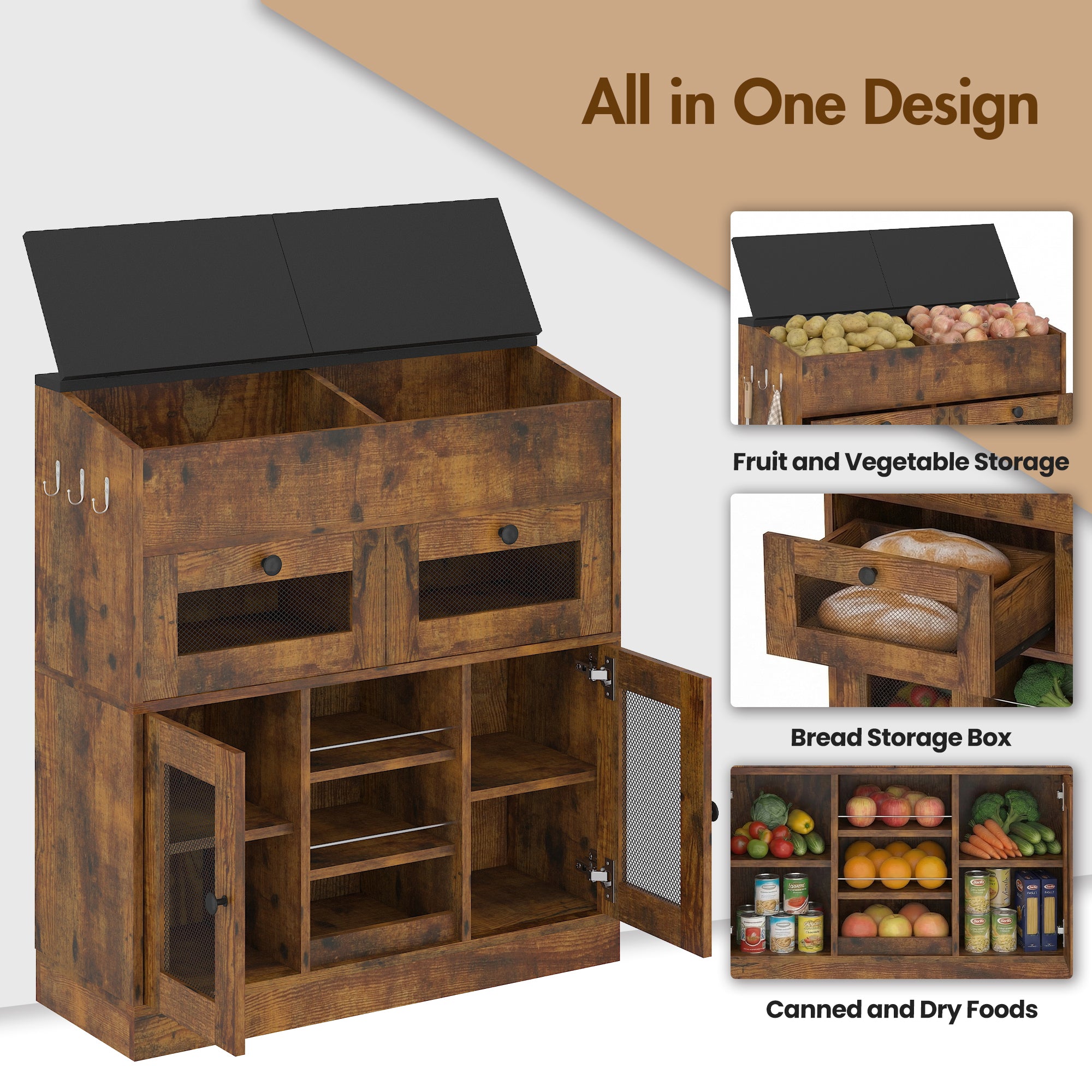 Wooden storage cabinet with fruit, vegetable, bread, and canned food compartments on a white background.