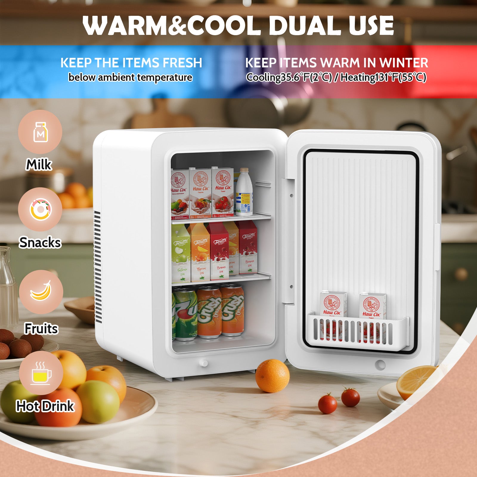 Small white refrigerator with open door displaying various items on a kitchen counter.