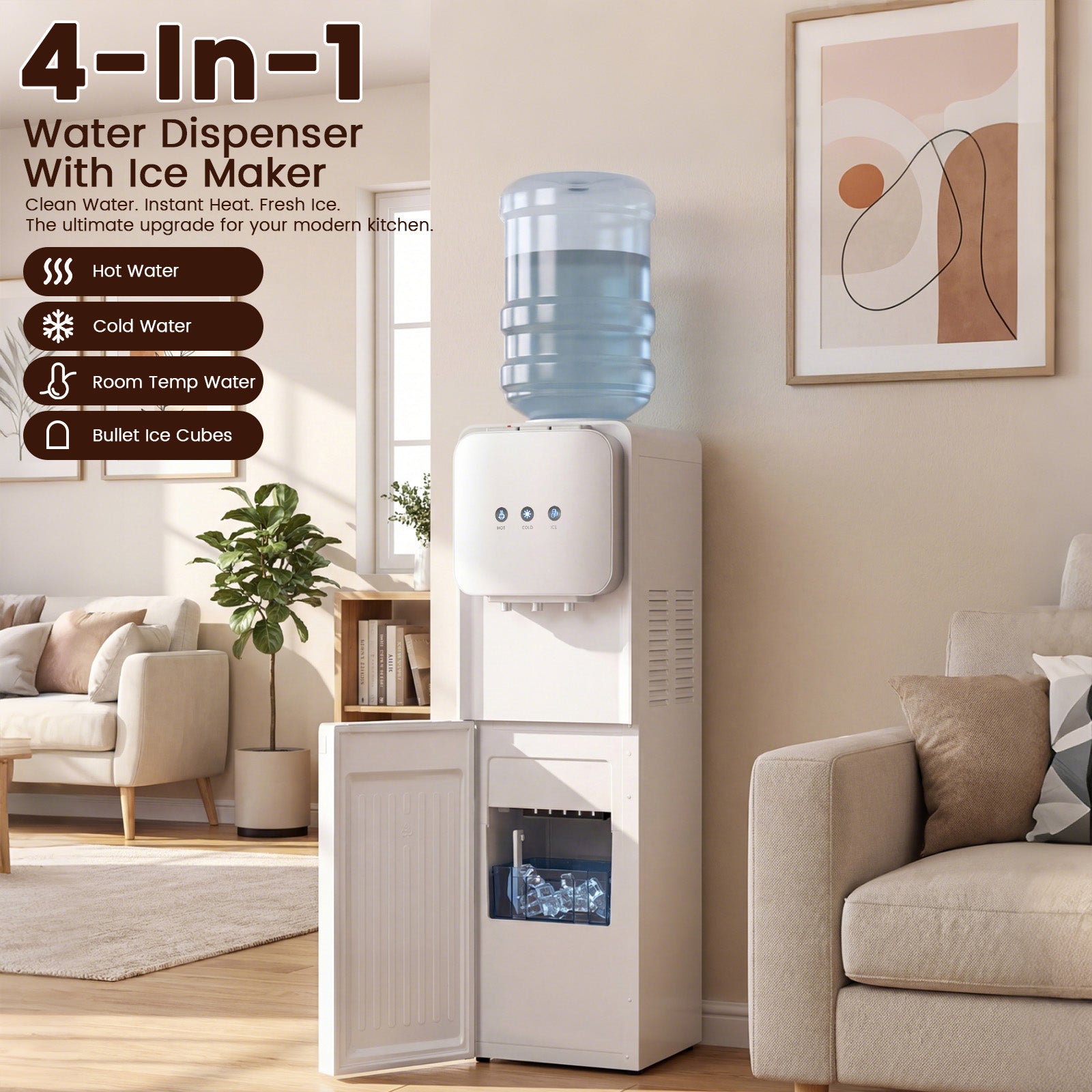 4-in-1 water dispenser with ice maker in a living room setting