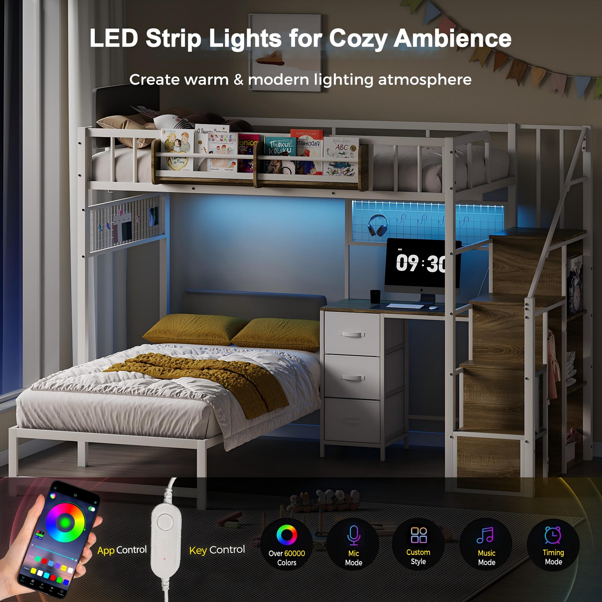 Bedroom with LED strip lights creating a cozy ambiance, featuring a smartphone app control.