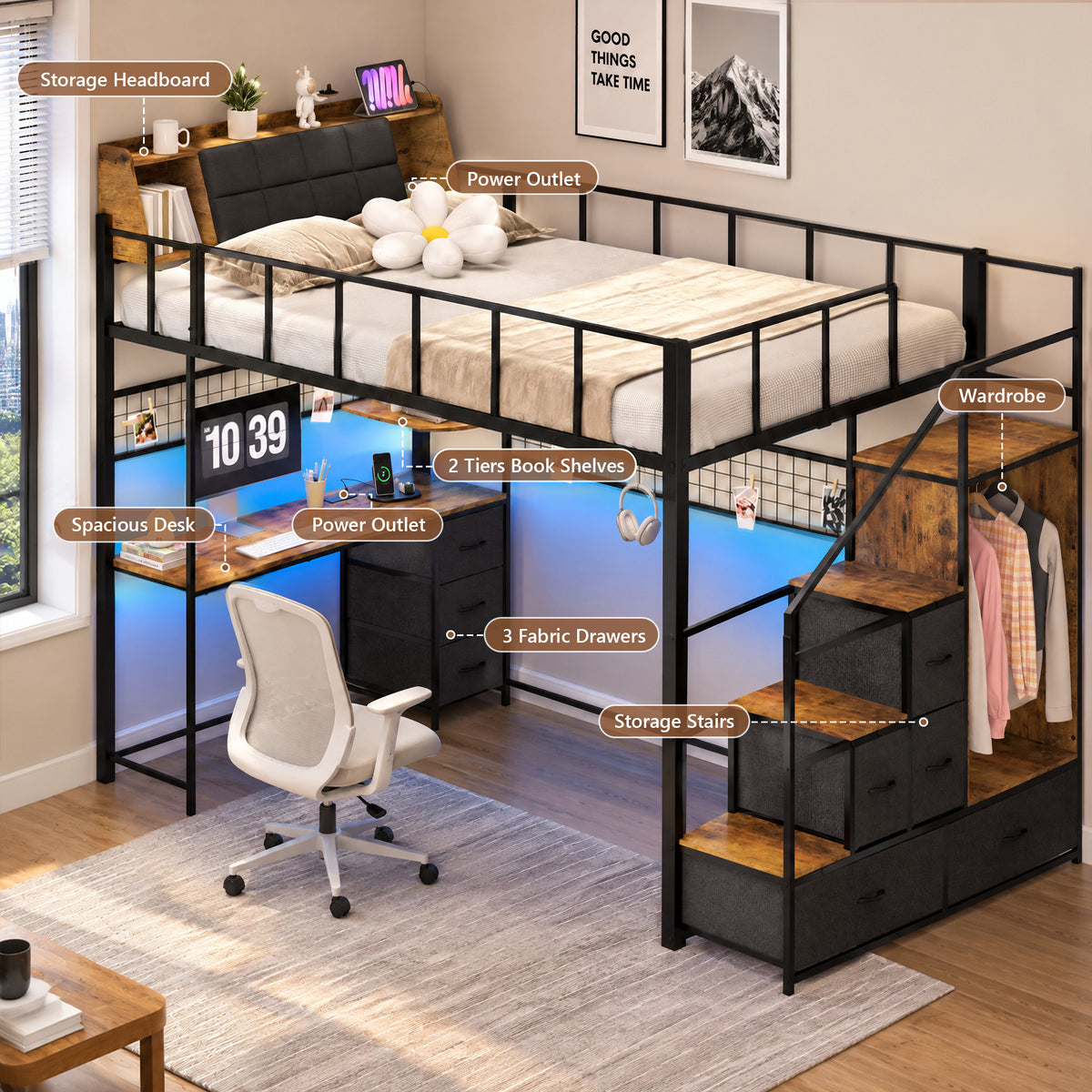 Advwin Loft Bed with Storage Headboard & Power Outlets