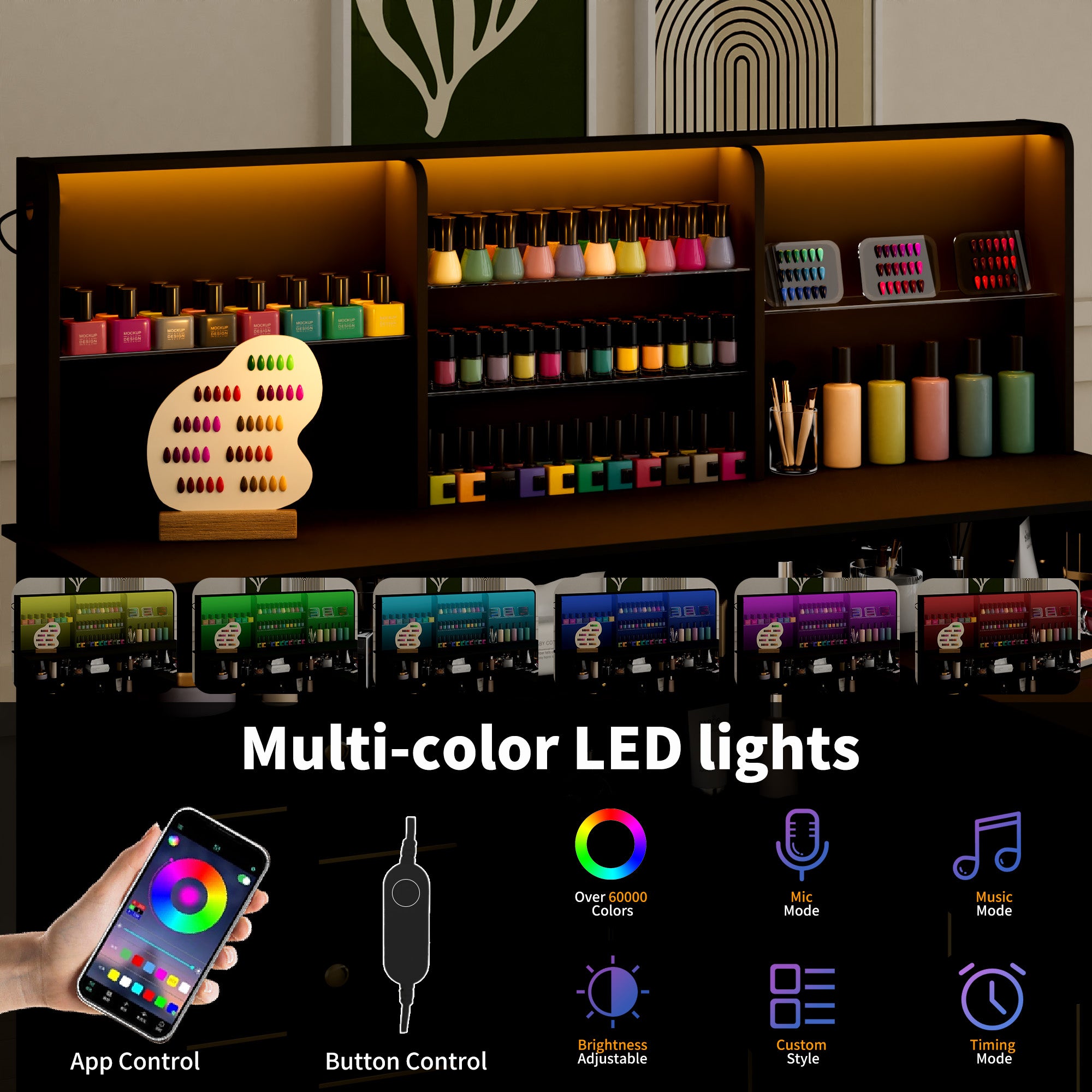 Display of multi-color LED lights with app control and various modes on a shelf.