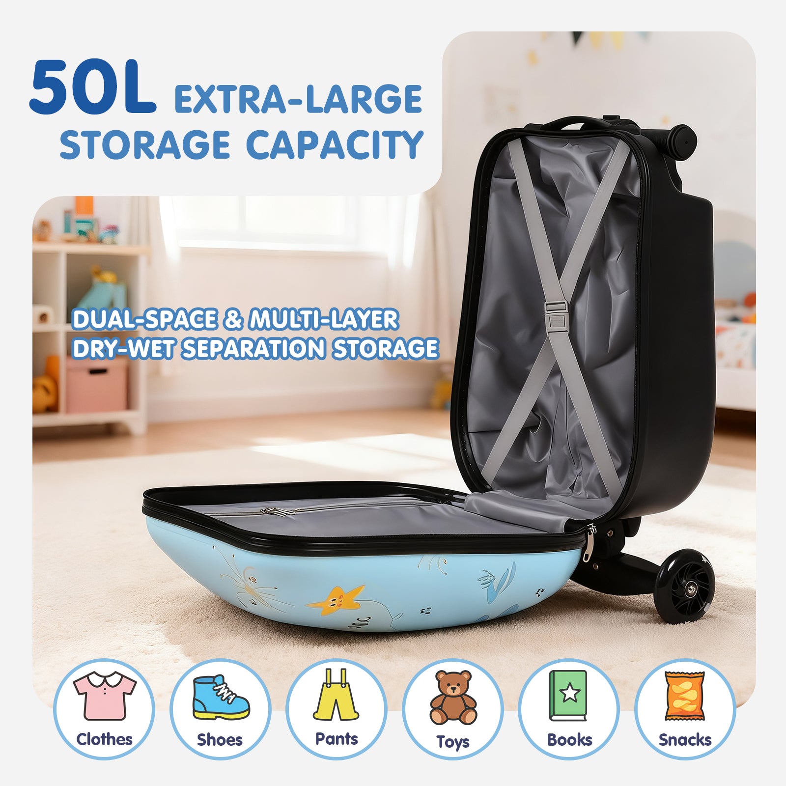 Extra-large storage bag with wheels and dry-wet separation feature, shown in a room setting.