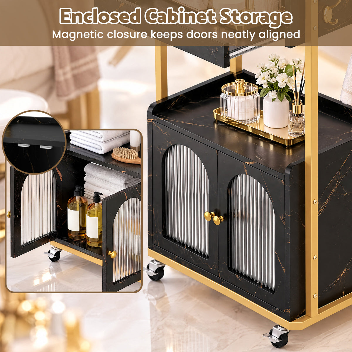 Advwin Rolling Salon Cart with Glass Door Cabinet