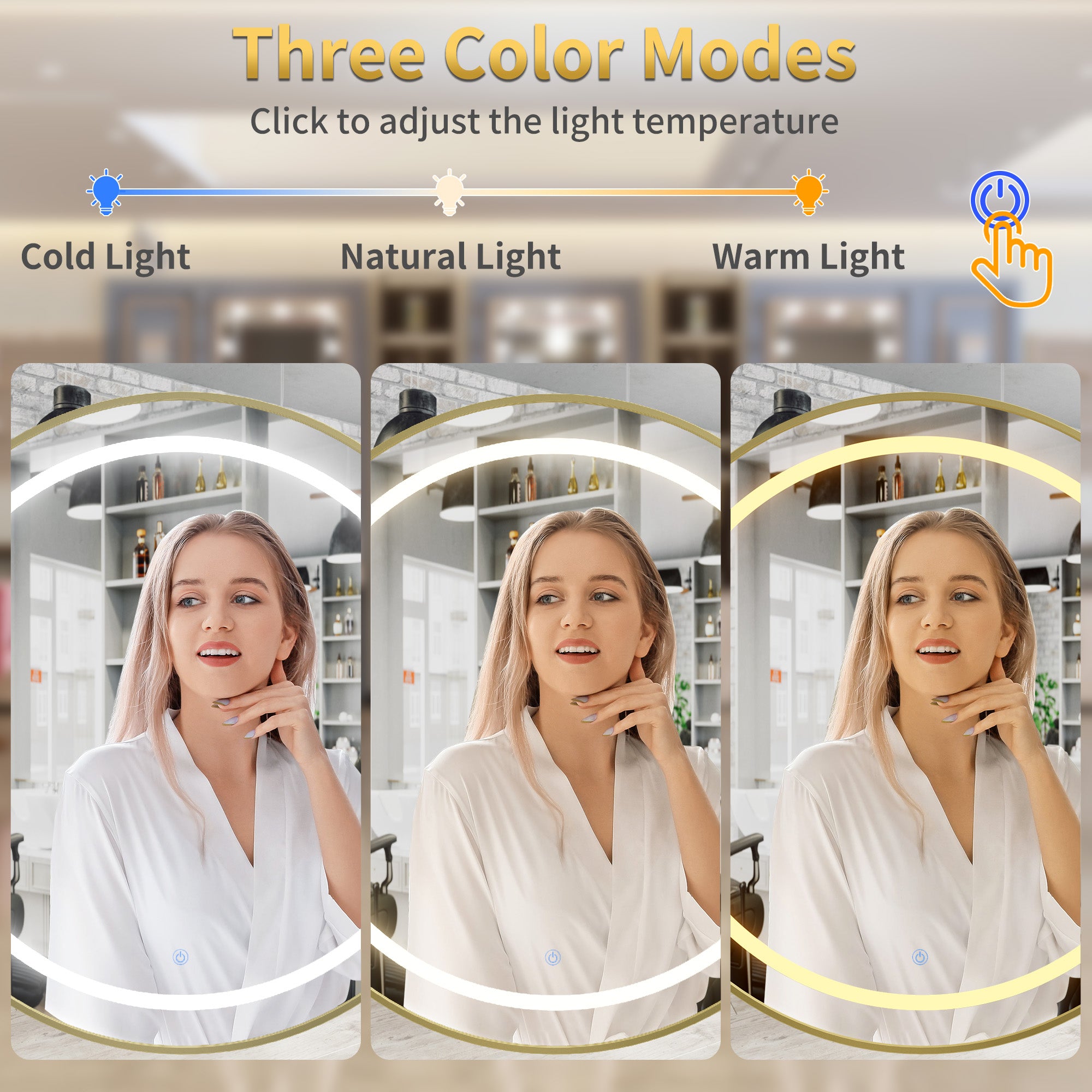 Three color modes displayed on a screen with a woman in a white robe.