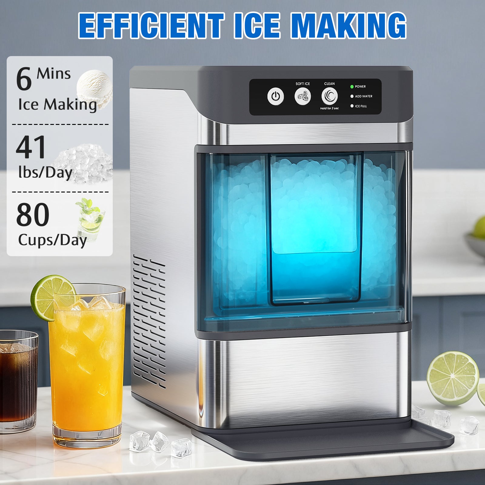 Ice maker with ice cubes displayed, showing efficiency stats, on a kitchen counter.