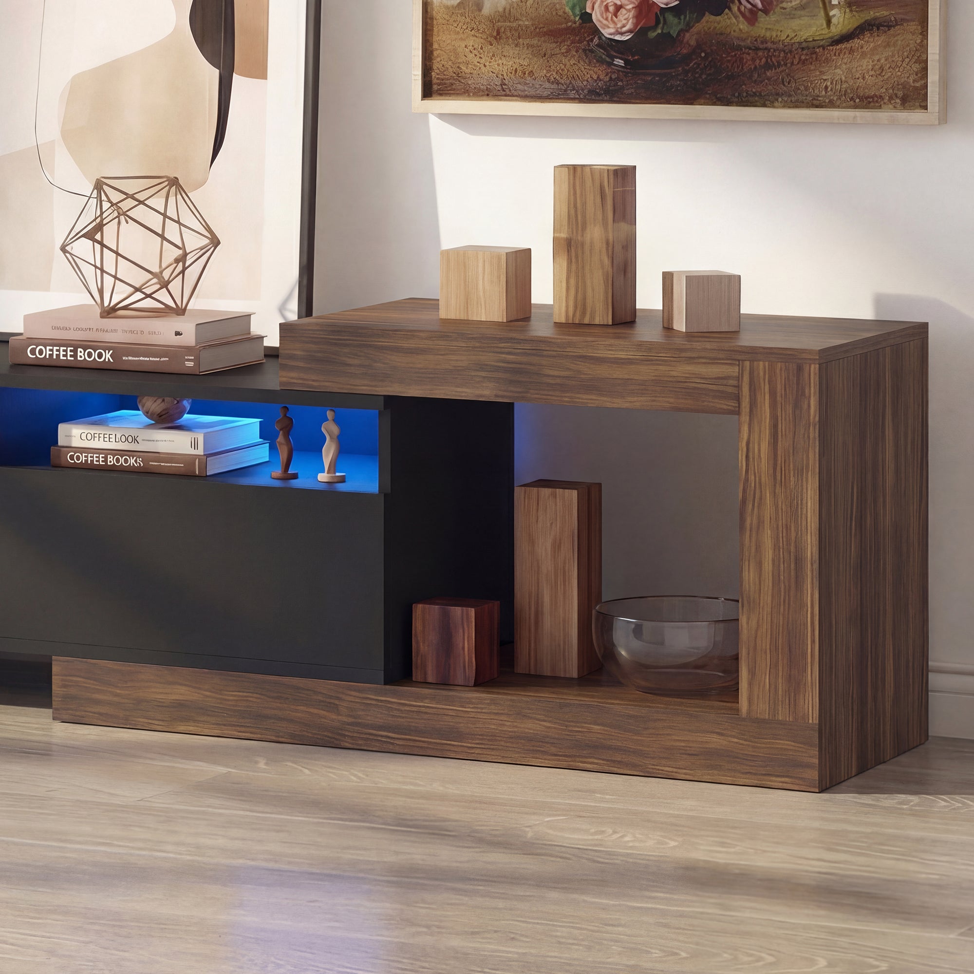 Wooden console table with decorative items in a room setting