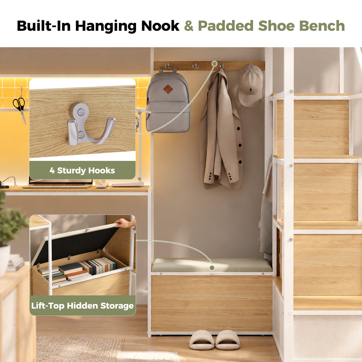 Advwin Loft Bed w/ Storage Stairs & 6-Drawer Dresser