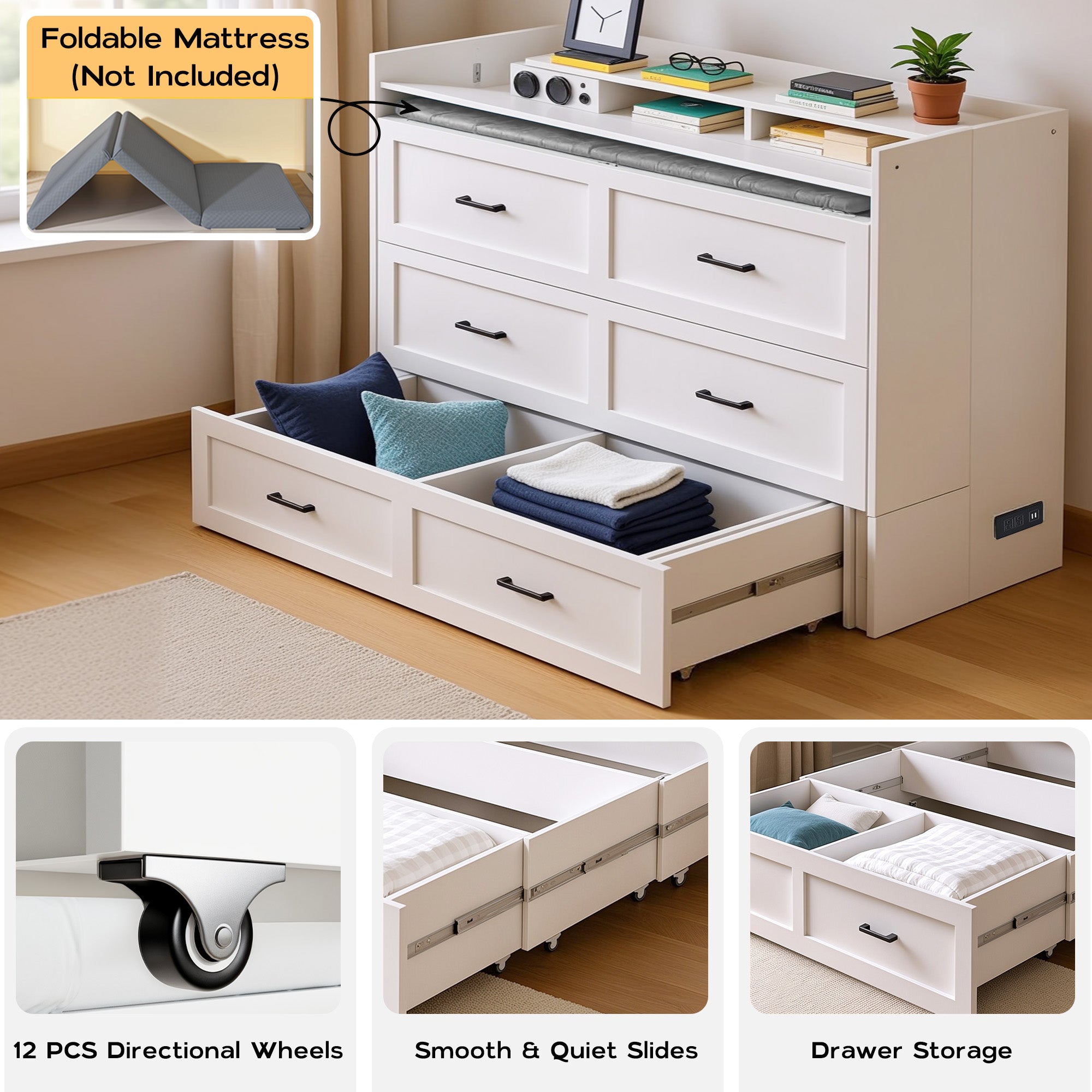 White dresser with pull-out bed and storage drawers, featuring wheels and smooth slides.