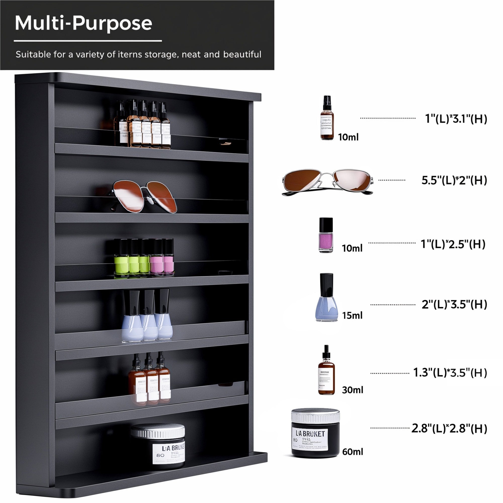 Black multi-purpose storage shelf with various items and dimensions displayed.
