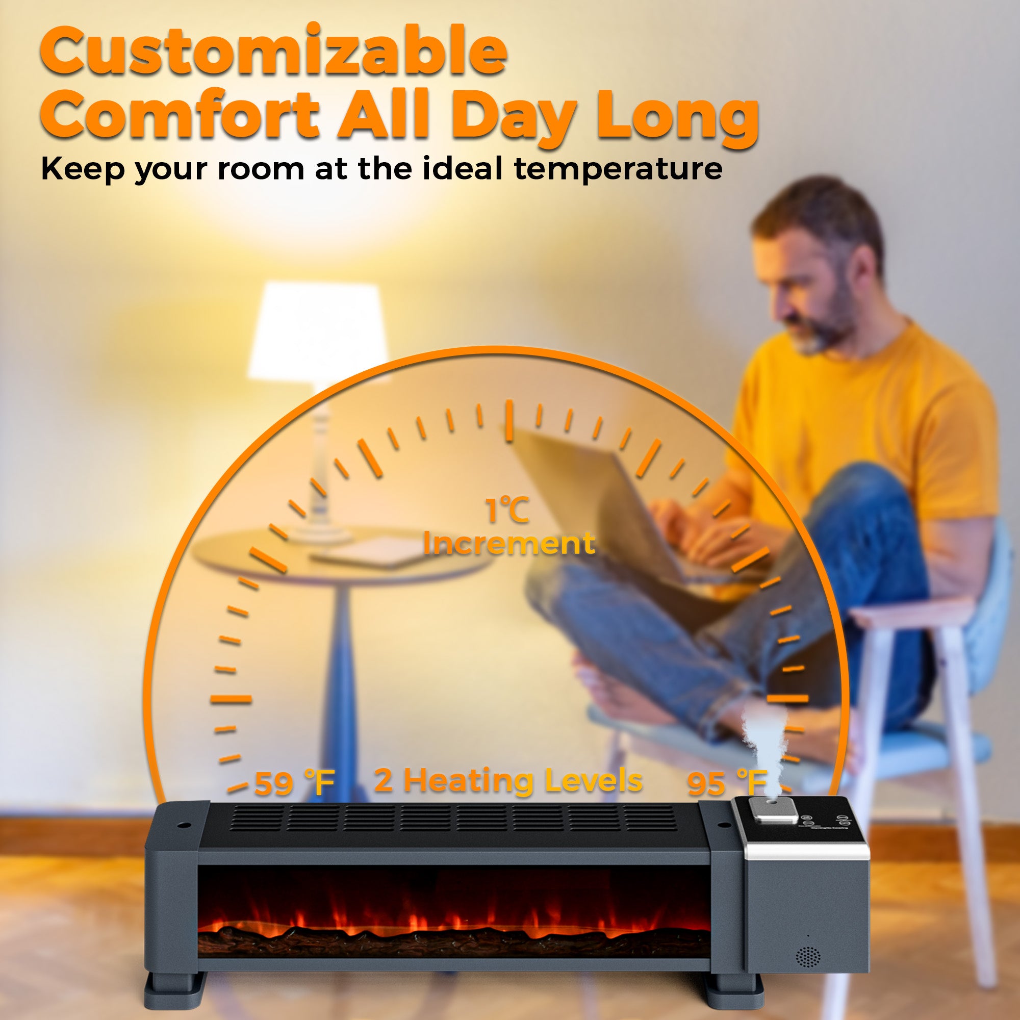 Heating device with digital display and text 'Customizable Comfort All Day Long' in a room setting.