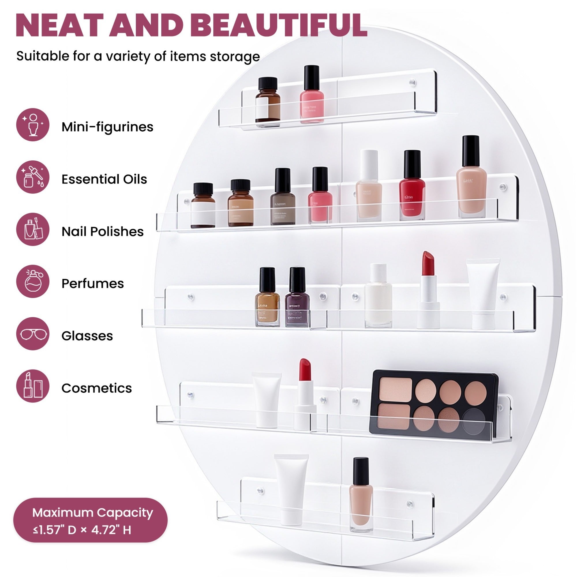 Round white shelf with various items including mini-figurines, essential oils, nail polishes, perfumes, glasses, and cosmetics.