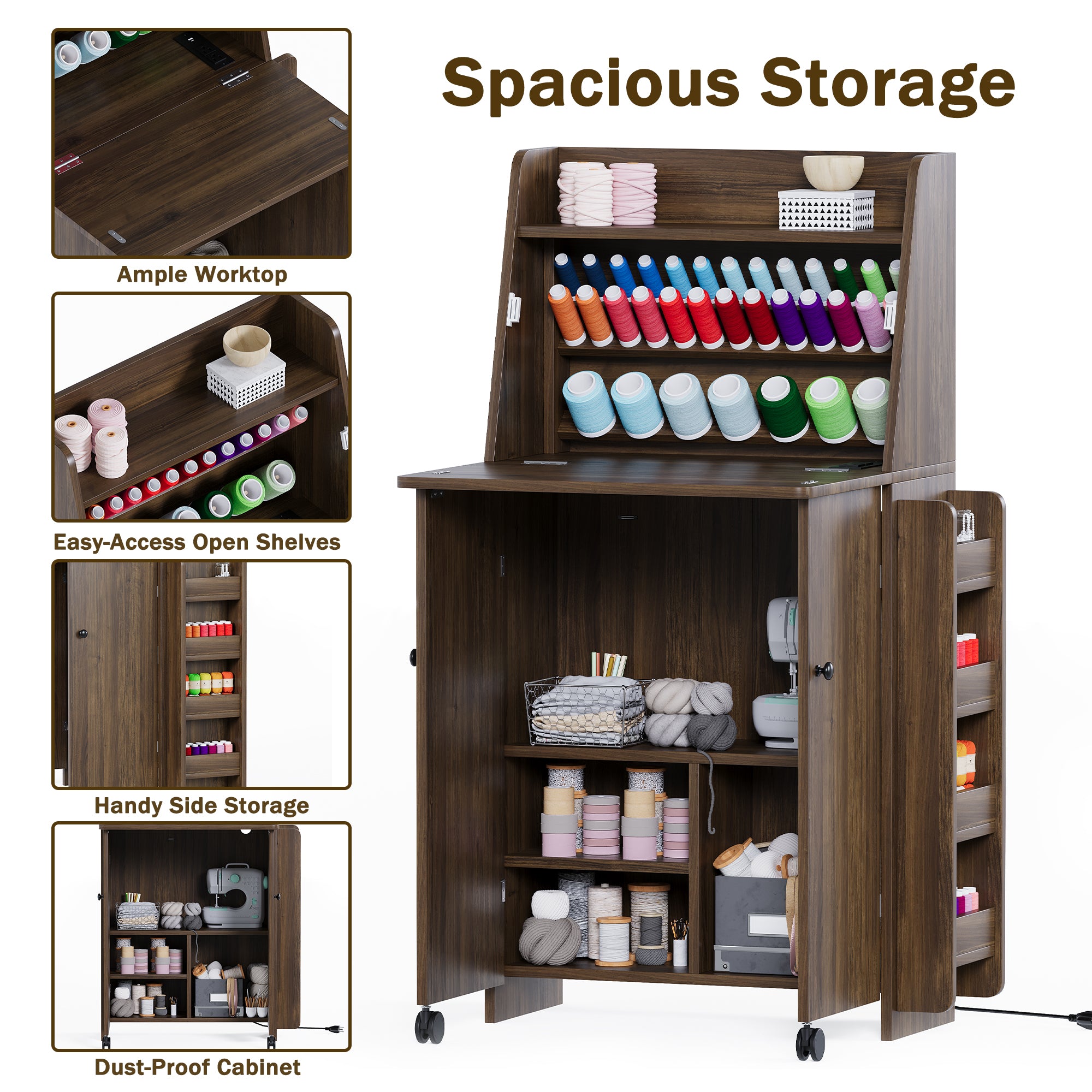 Wooden storage cabinet with various compartments and items, labeled for features.