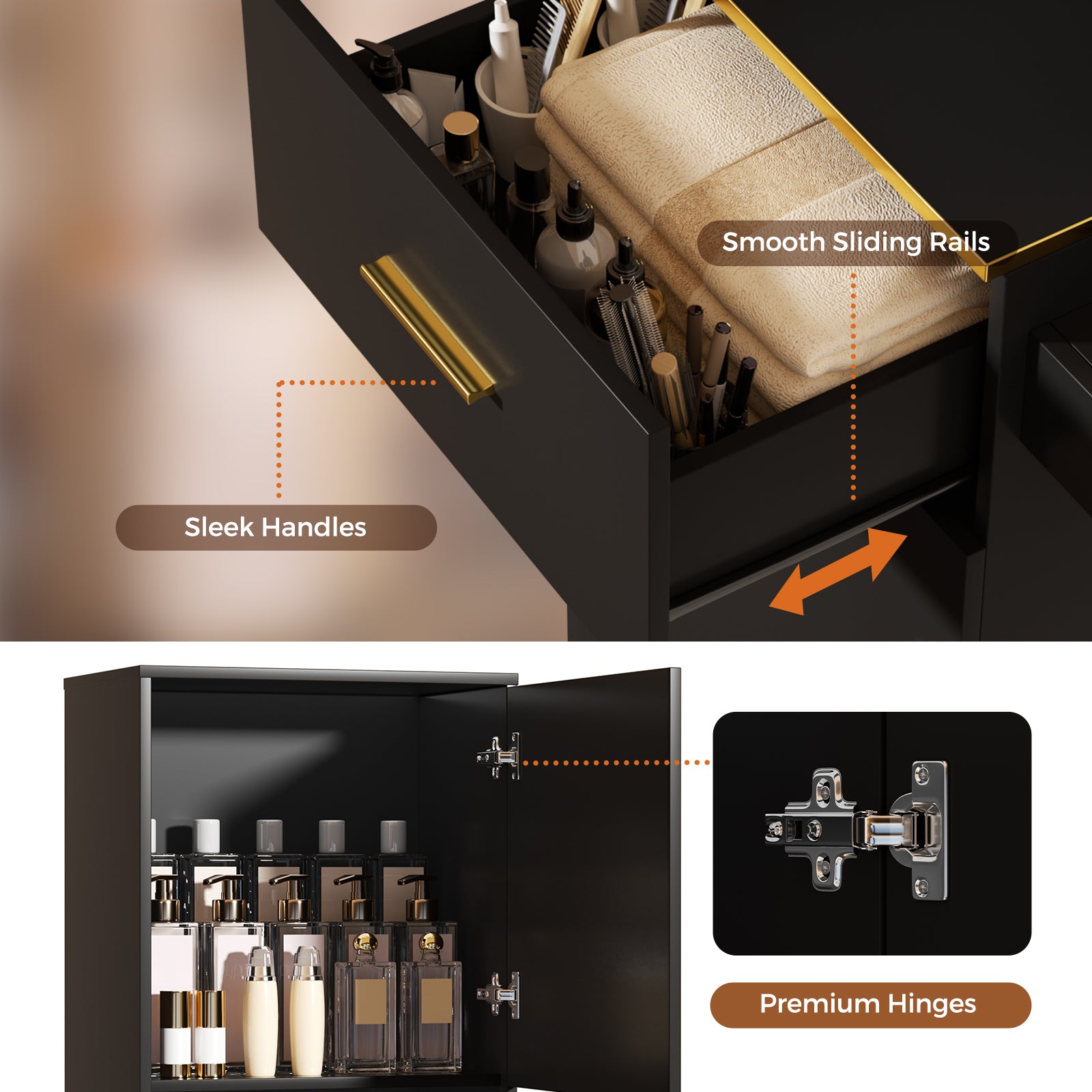 Drawer with smooth sliding rails, sleek handles, and premium hinges, featuring a close-up of the hinge.