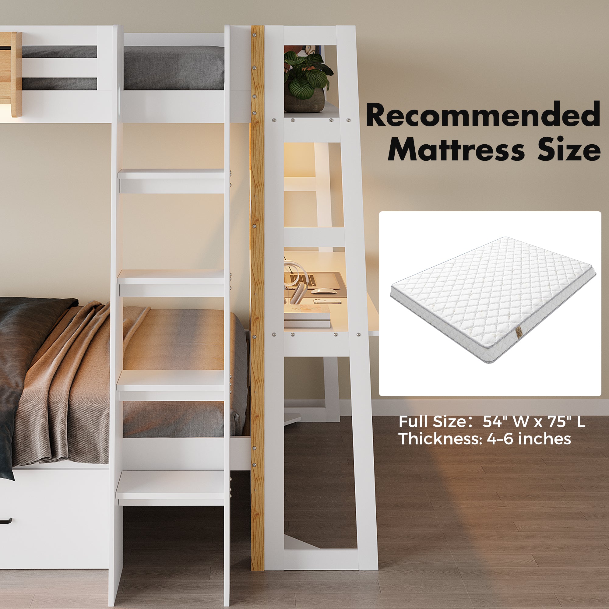 Advwin Solid Wood Bunk Bed with Desk & LED Lights