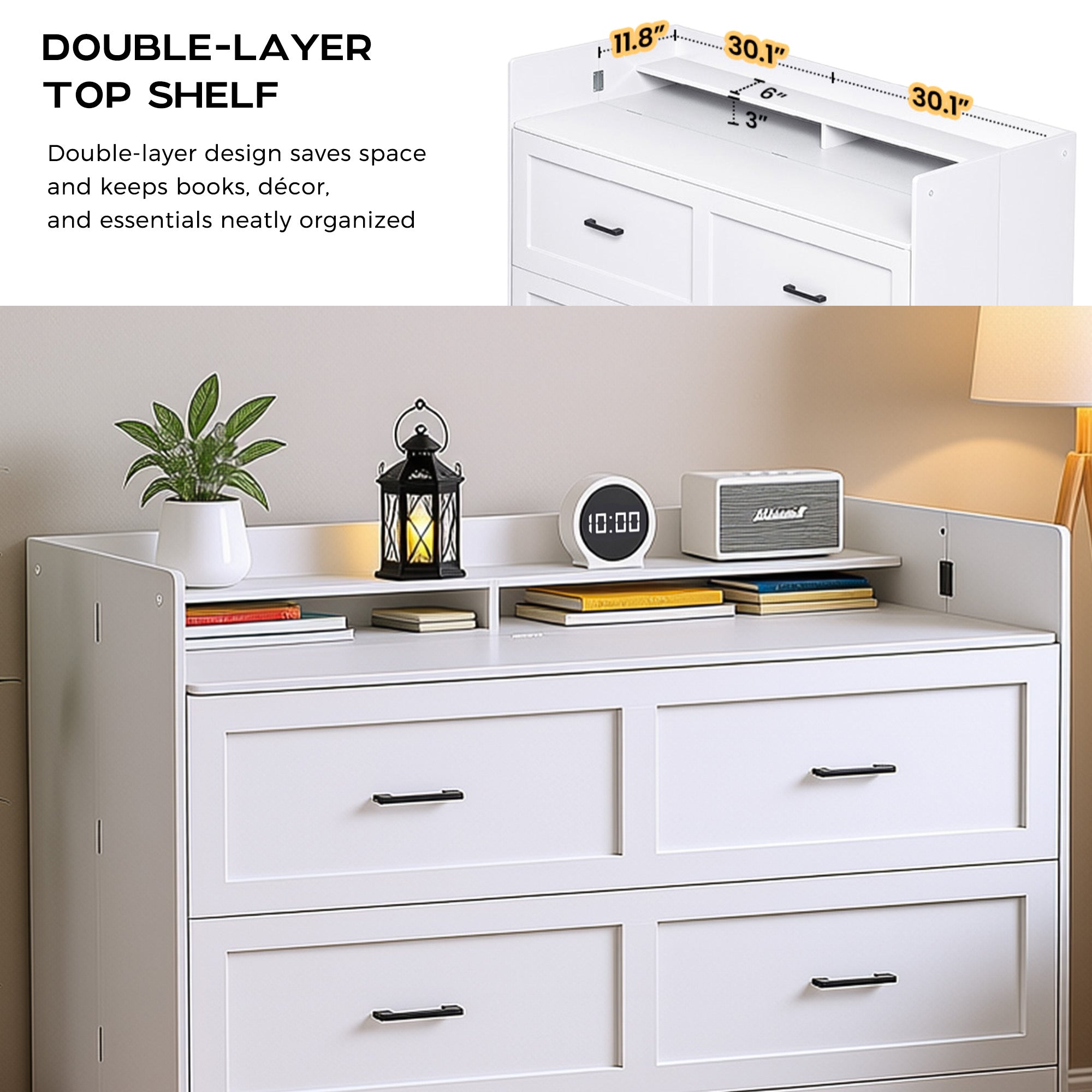 White dresser with double-layer top shelf, decorative items, and measurements.
