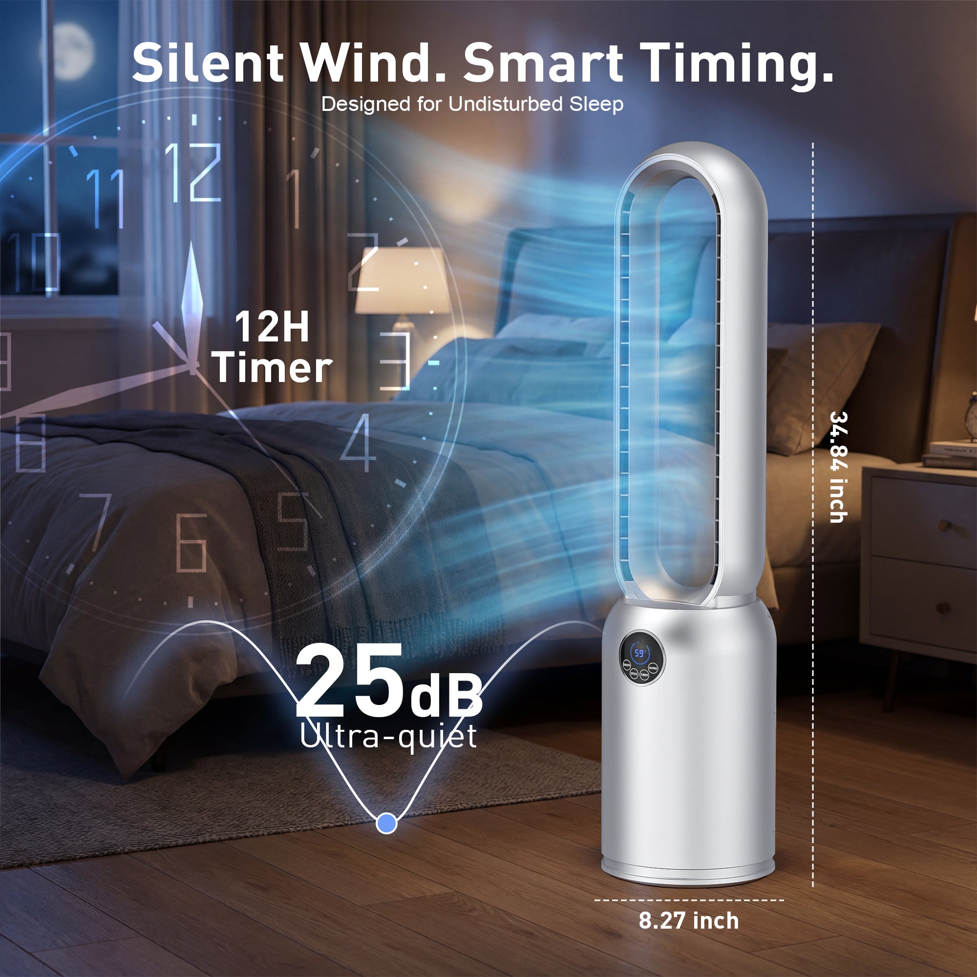 Portable air conditioner with features highlighted in a bedroom setting