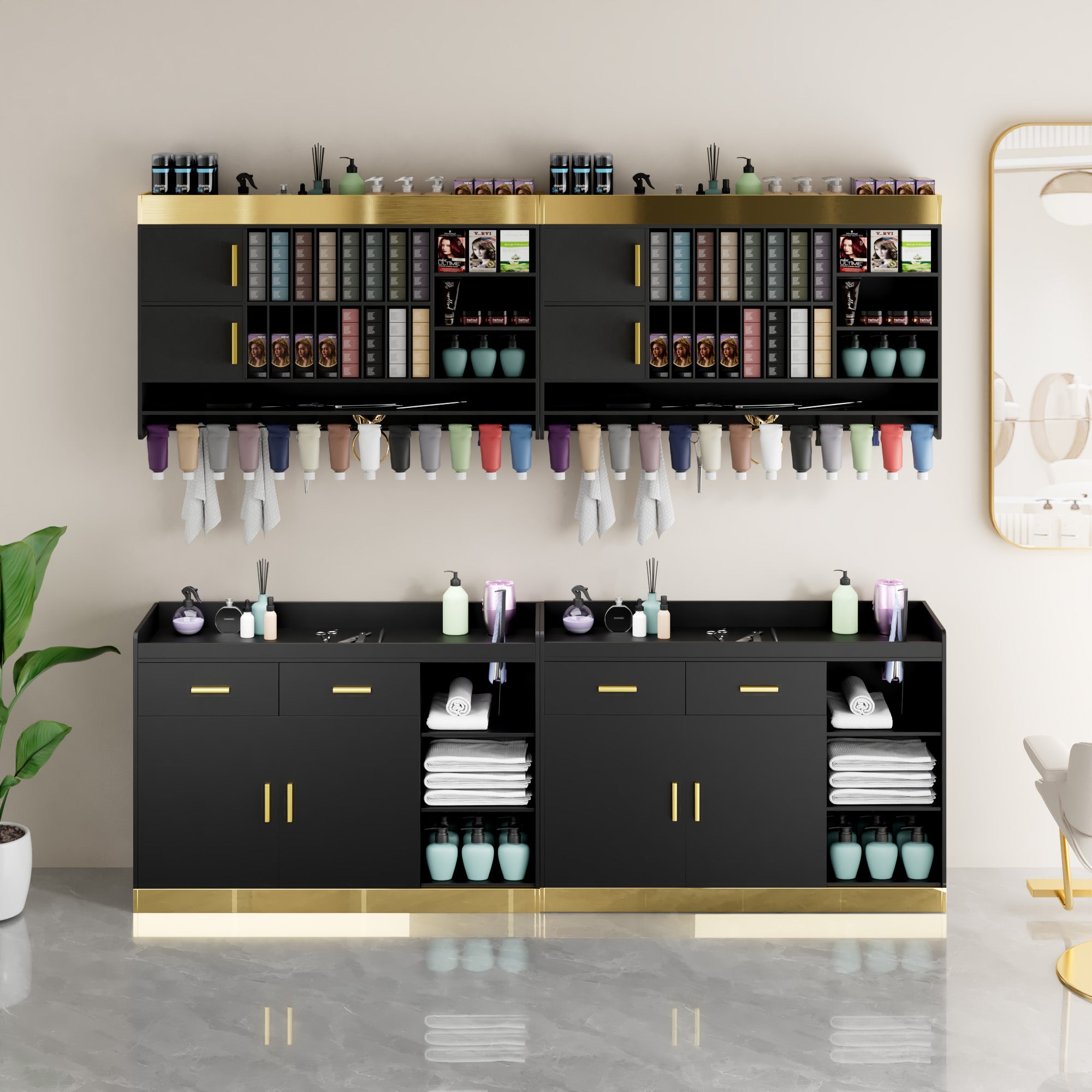 Cosmetic display with shelves and cabinets against a beige wall.