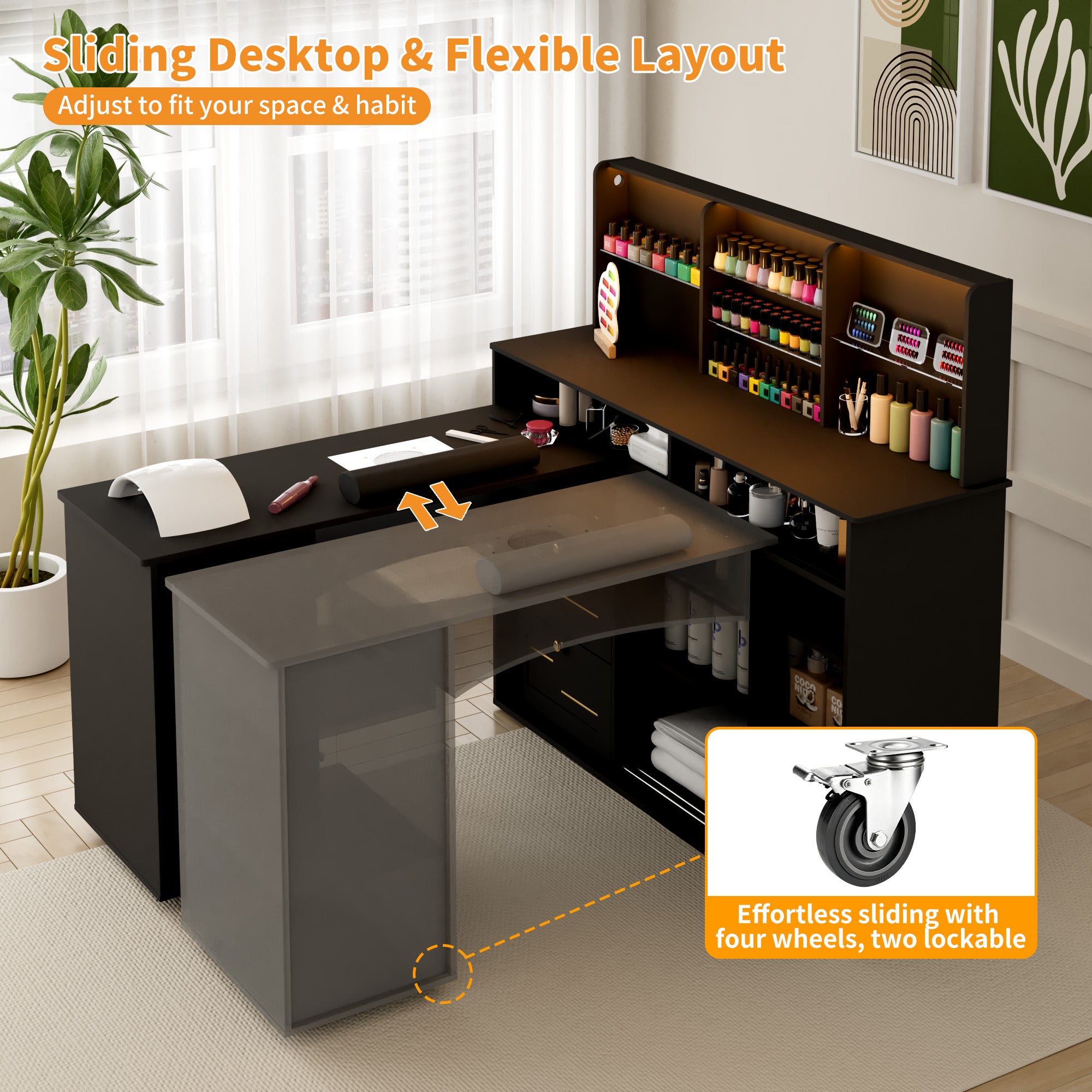 Modern L-shaped desk with sliding desktop and storage shelves in a home office setting.