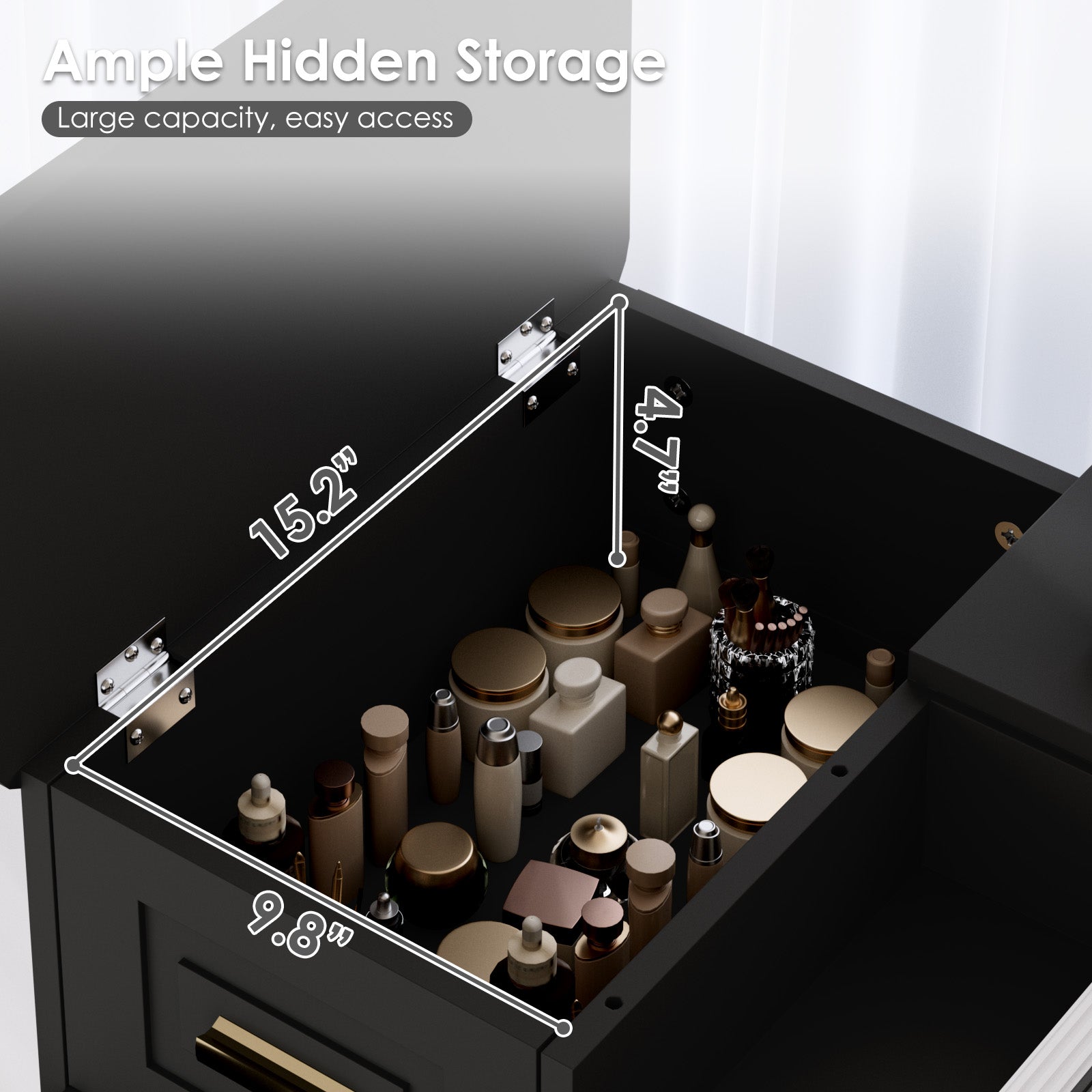 Black jewelry box with cosmetic bottles inside, showing dimensions and ample hidden storage.
