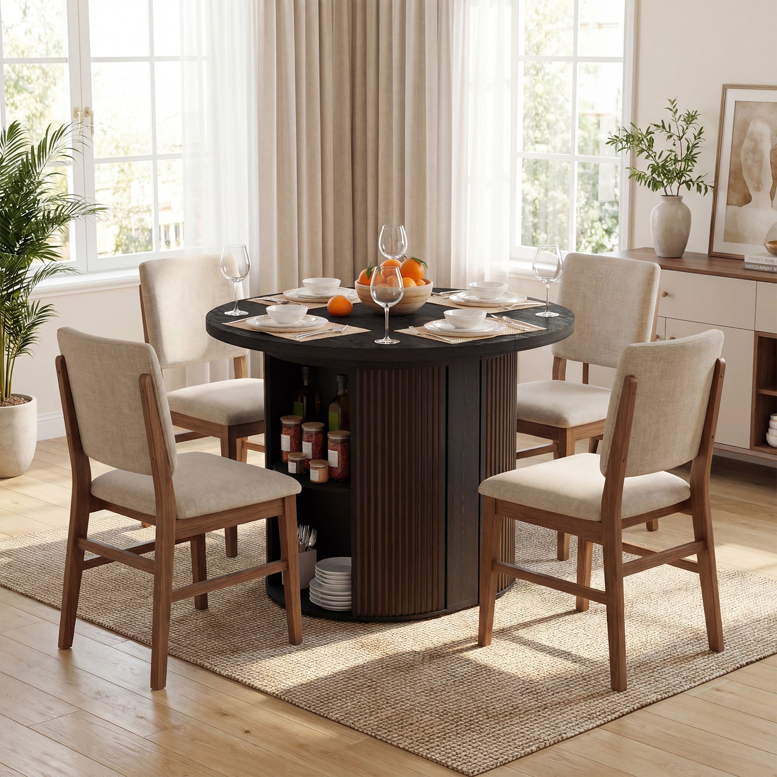 Dining room with a round dark wood table and chairs in a bright room.