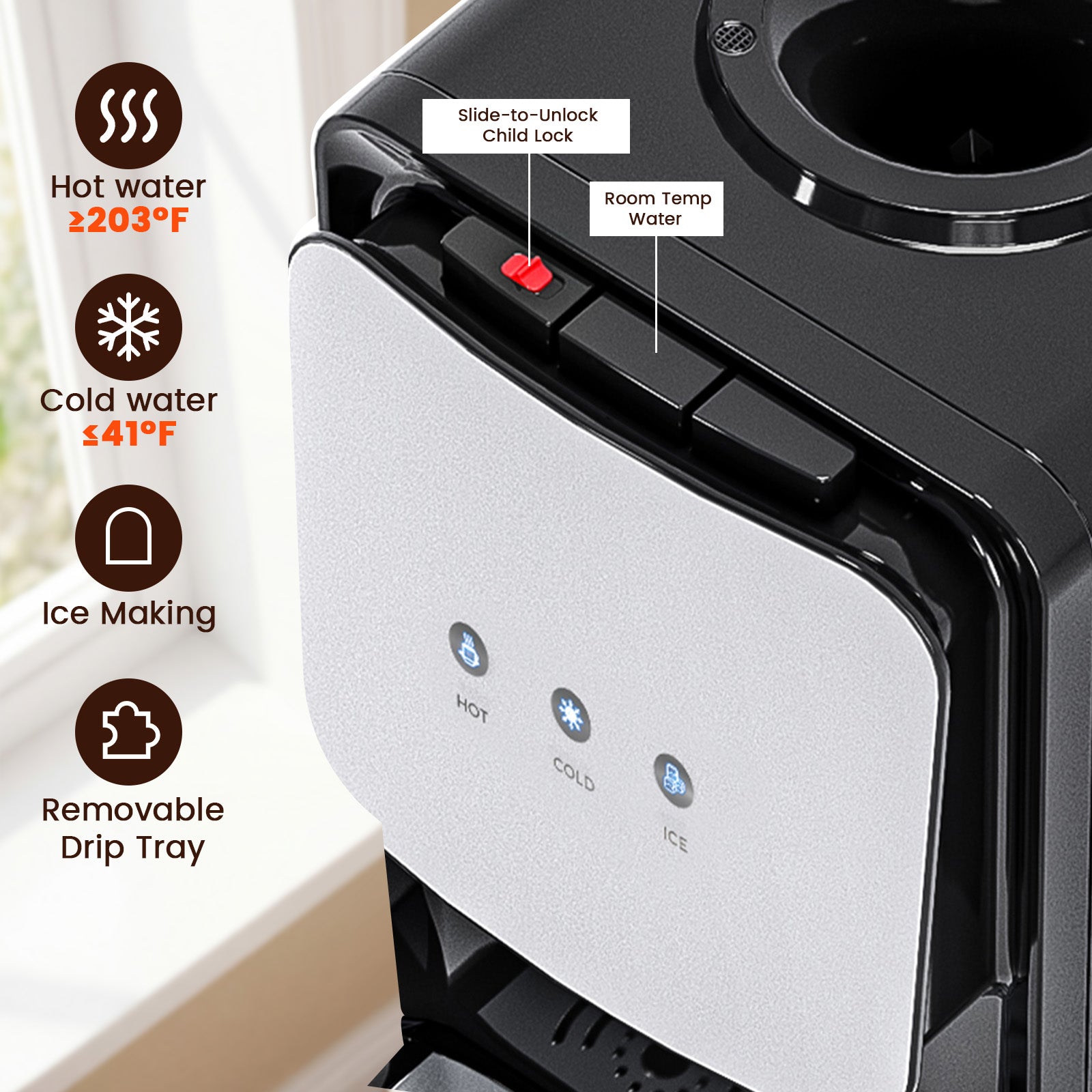 Water dispenser with labeled features on a white background